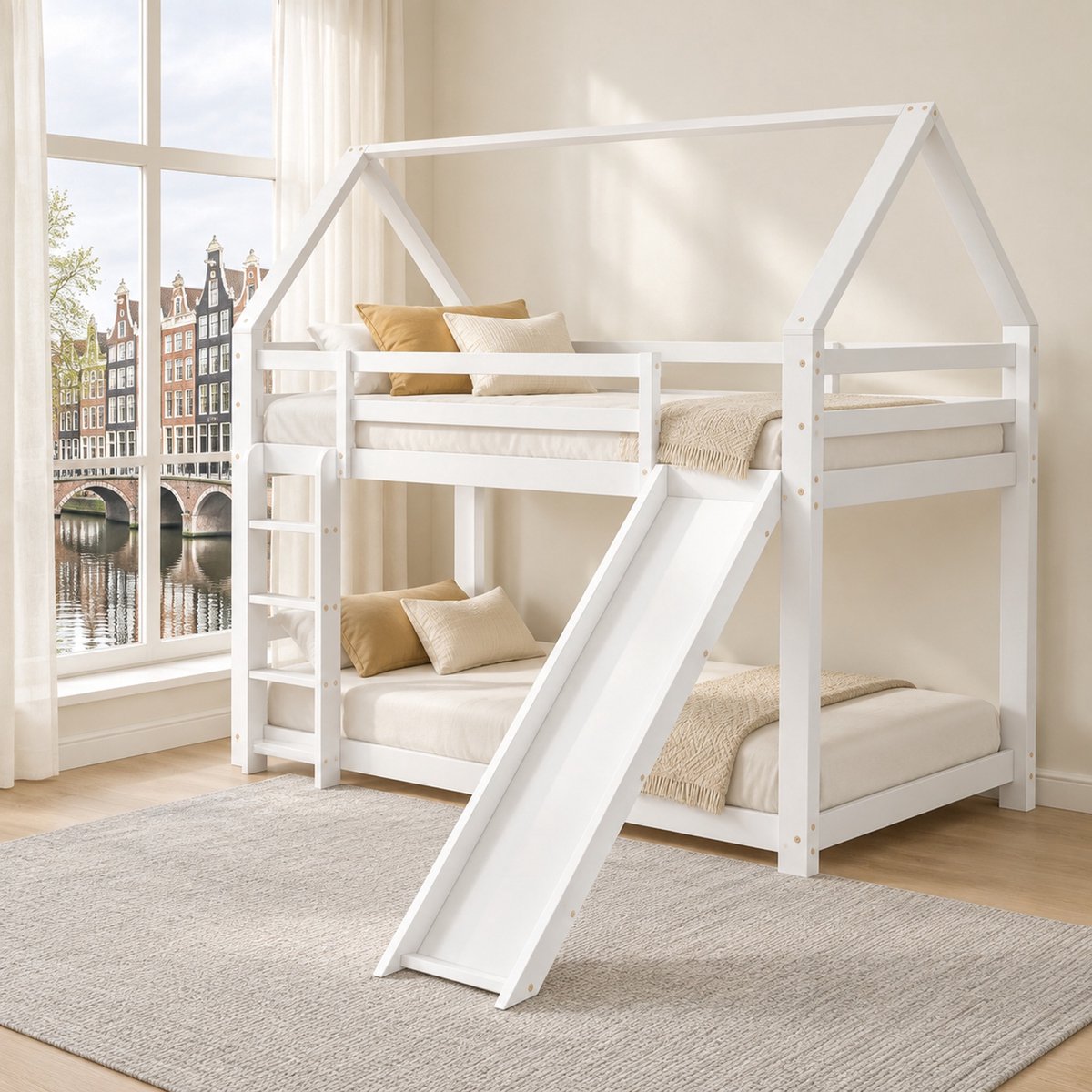 WUVRIE Stapelbed huisbed 90x200 cm met glijbaan, ladder en uitvalbeveiliging, wit