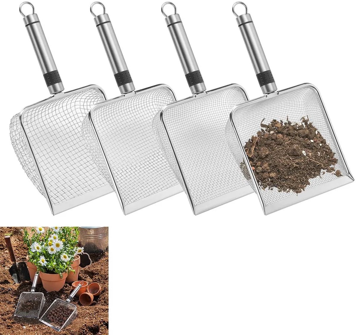 Deze vierdelige roestvrijstalen tuinzeefset is Geschikt voorzien van een handvat en kan gebruikt worden als compostzeef, zandzeef, grondzeef, enz. De zeefmaaswijdtes zijn 2/2,8/3,8/5 mm.