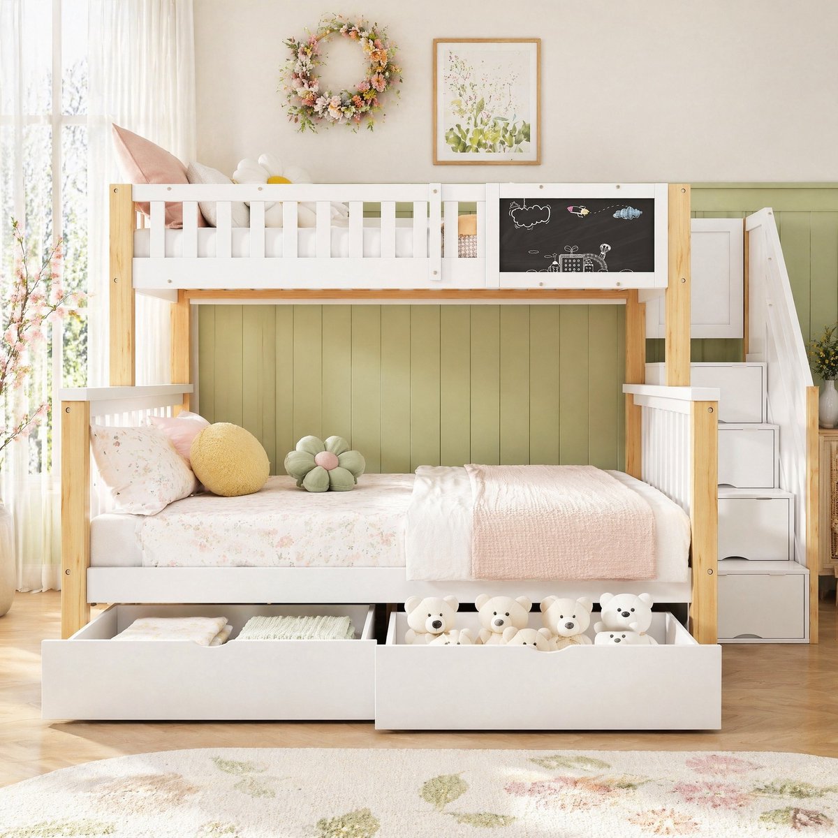WUVRIE Kinderstapelbed met trap, krijtbord, lades en lattenbodems voor 90x200 en 140x200 cm, wit/licht eiken Wit en lichte eik