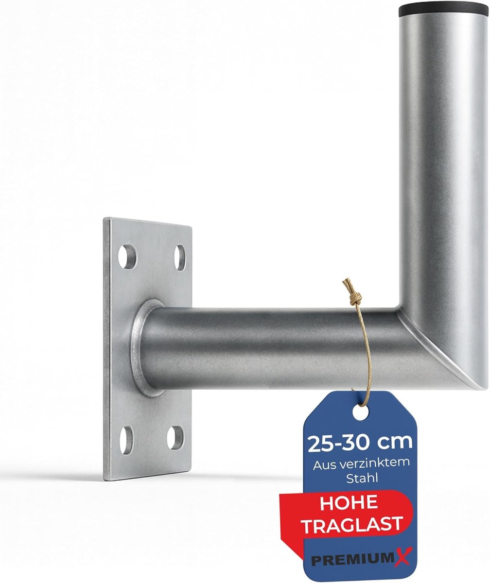 PremiumX 25-30cm Wall Bracket Galvanized Steel Ø 48mm Angle Wall Mount for Satellite Dish SAT Antenna - ShopVlot