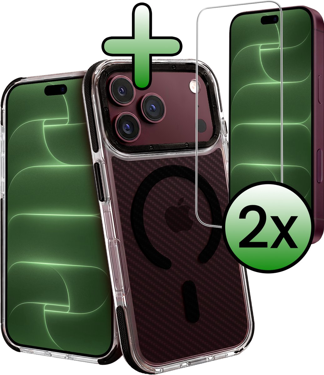 Hoesje Met 2x Screenprotector - Geschikt voor Apple iPhone 18 Pro - Magsafe Compatible - Carbon Look - Sterk & Shockproof - Back Cover - Shock Proof Case - Telefoon Hoes - Zwart
