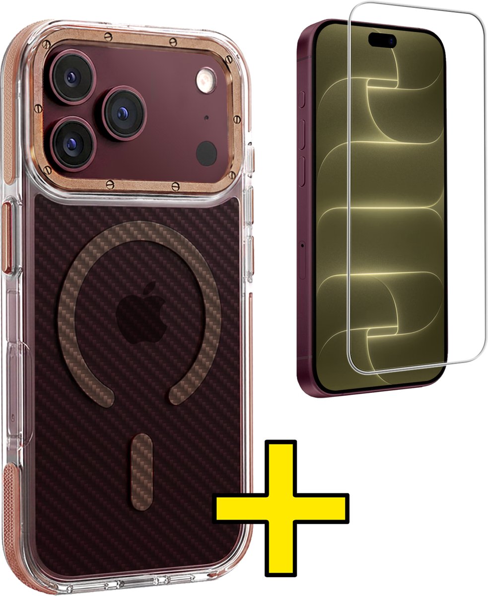 Hoesje - Met Screenprotector - Geschikt voor Apple iPhone 18 Pro Max - Magsafe Compatible - Carbon Look - Sterk & Shockproof - Back Cover - Shock Proof Case - Telefoon Hoes - Telefoonhoesjes - Bruin