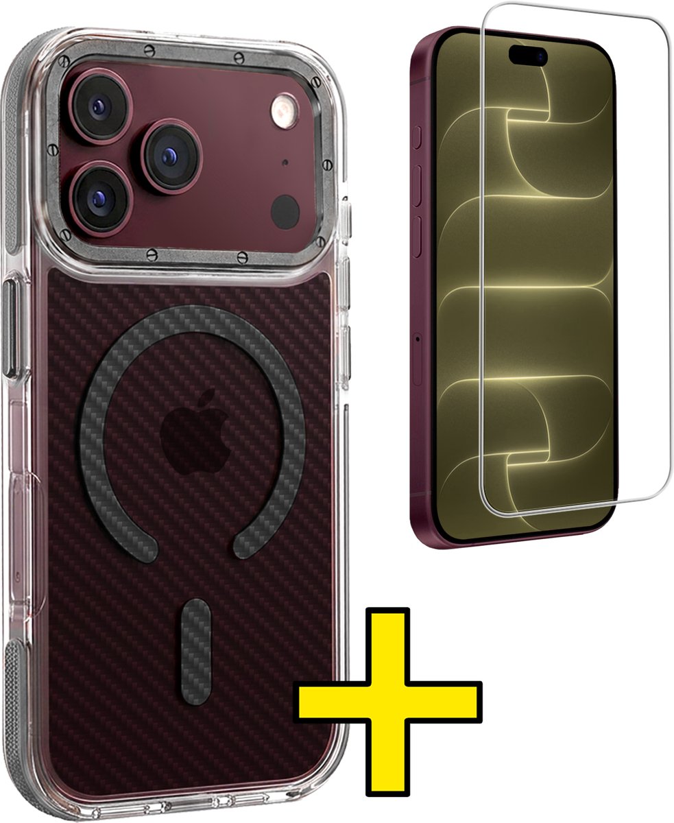Hoesje - Met Screenprotector - Geschikt voor Apple iPhone 18 Pro Max - Magsafe Compatible - Carbon Look - Sterk & Shockproof - Back Cover - Shock Proof Case - Telefoon Hoes - Telefoonhoesjes - Grijs
