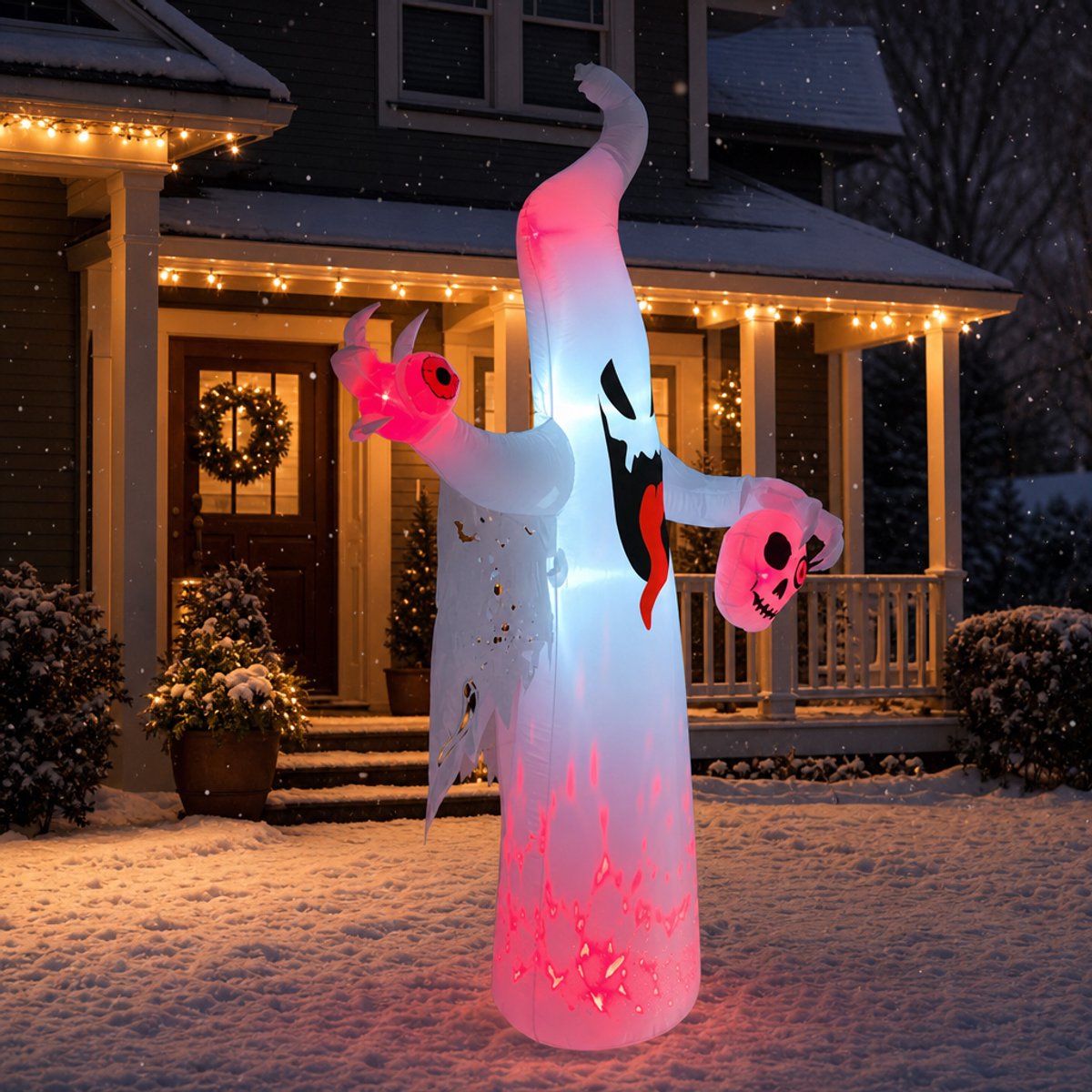 Opblaasbare Halloween-geest met pompoen - 240 cm hoog - met witte LED-verlichting - Halloween-decoratie voor tuin & buiten - incl. grondpennen