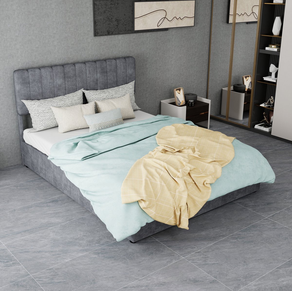 REDOM Gestoffeerd bedframe - Opbergbasis met gaslift - Lattenbodem - Slaapkamer - Stof en metaal - Grijs - 140 x 200 cm