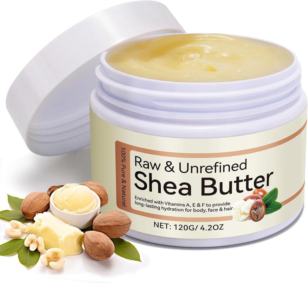Ongeraffineerd, biologisch en rauw, 120 ml, biologische sheaboter, pure sheaboter met vitamine A, E en F, natuurlijke vochtverzorging, veganistisch voor alle huidtypes, premium sheaboter