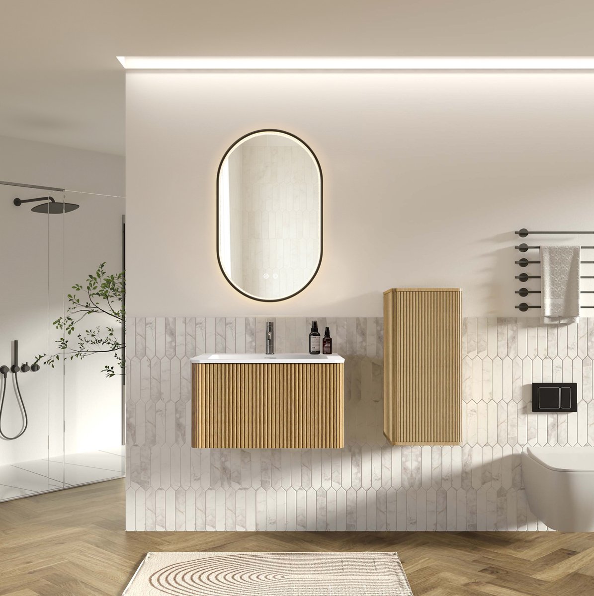 REDOM Badkamermeubelset - Wandhangend wastafelmeubel met zijkast - LED spiegel met anti condensfunctie - MDF - Eikenkleur - 81 x 46,5 x 80 cm