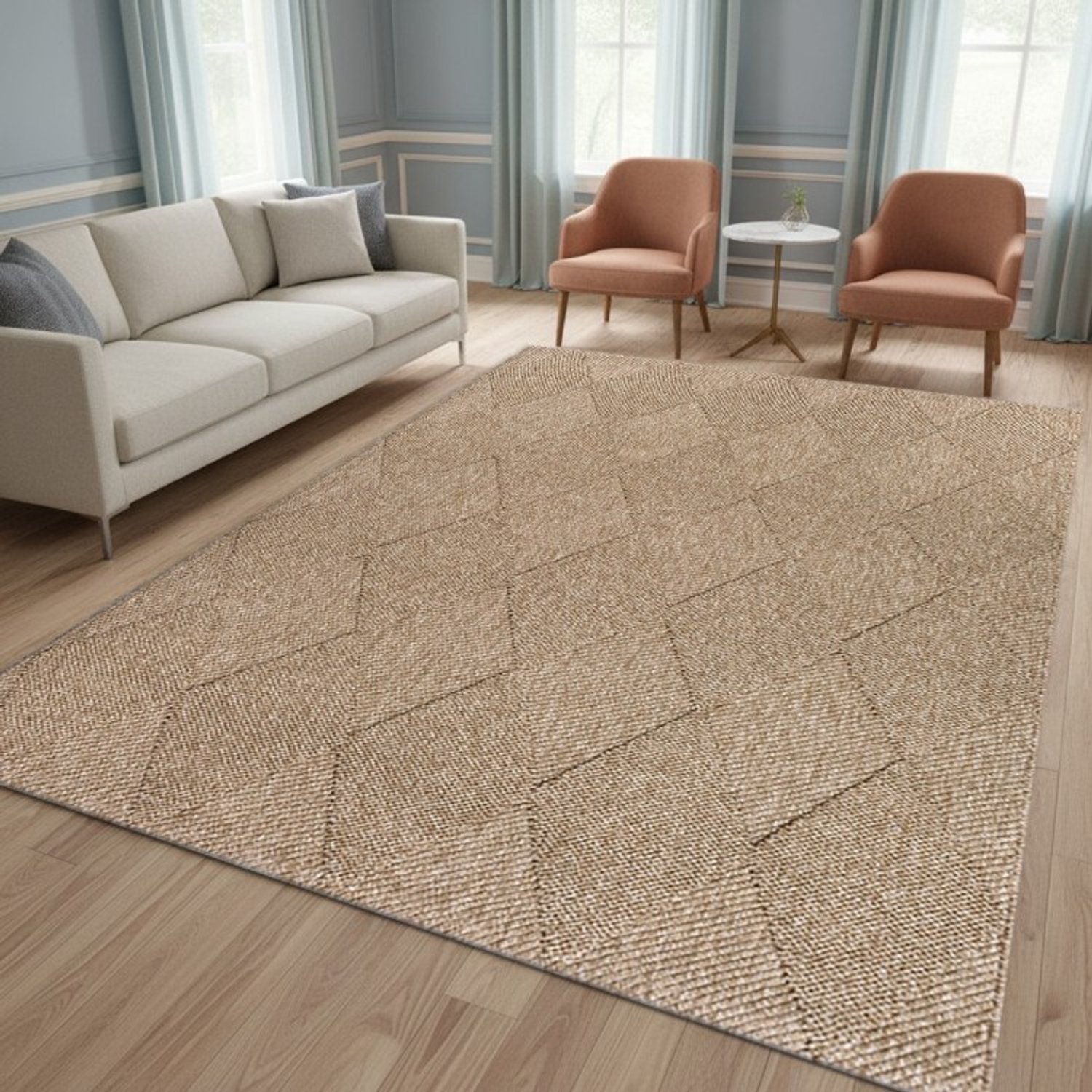 TapisTrend Designer tapijt Naturel 200x280 cm Natuurlijk binnen-/buitenkleed met een ton-sur-ton reliëf ruitpatroon voor terras en woonkamer