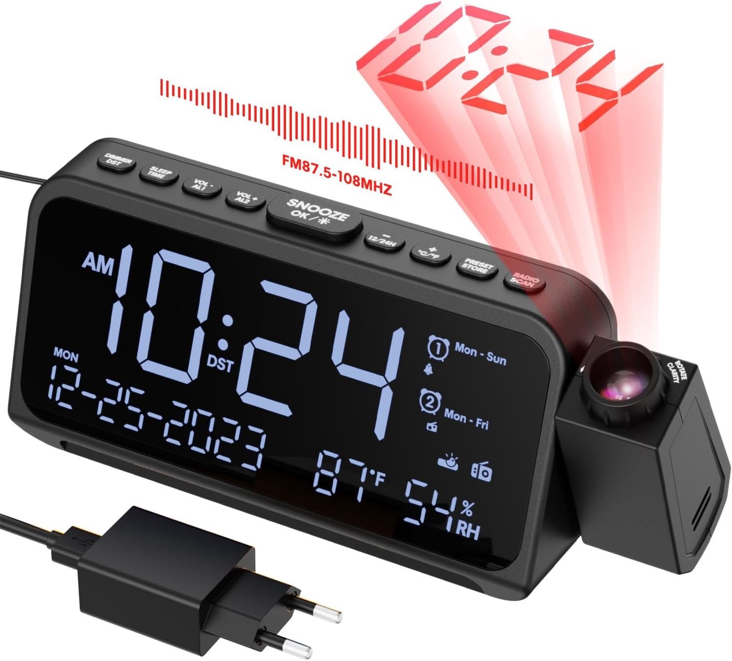 Radiowekker met Projectie - Wit - Stroomkabel - Digitale Wecker met FM-radio - Voor Slaapkamer