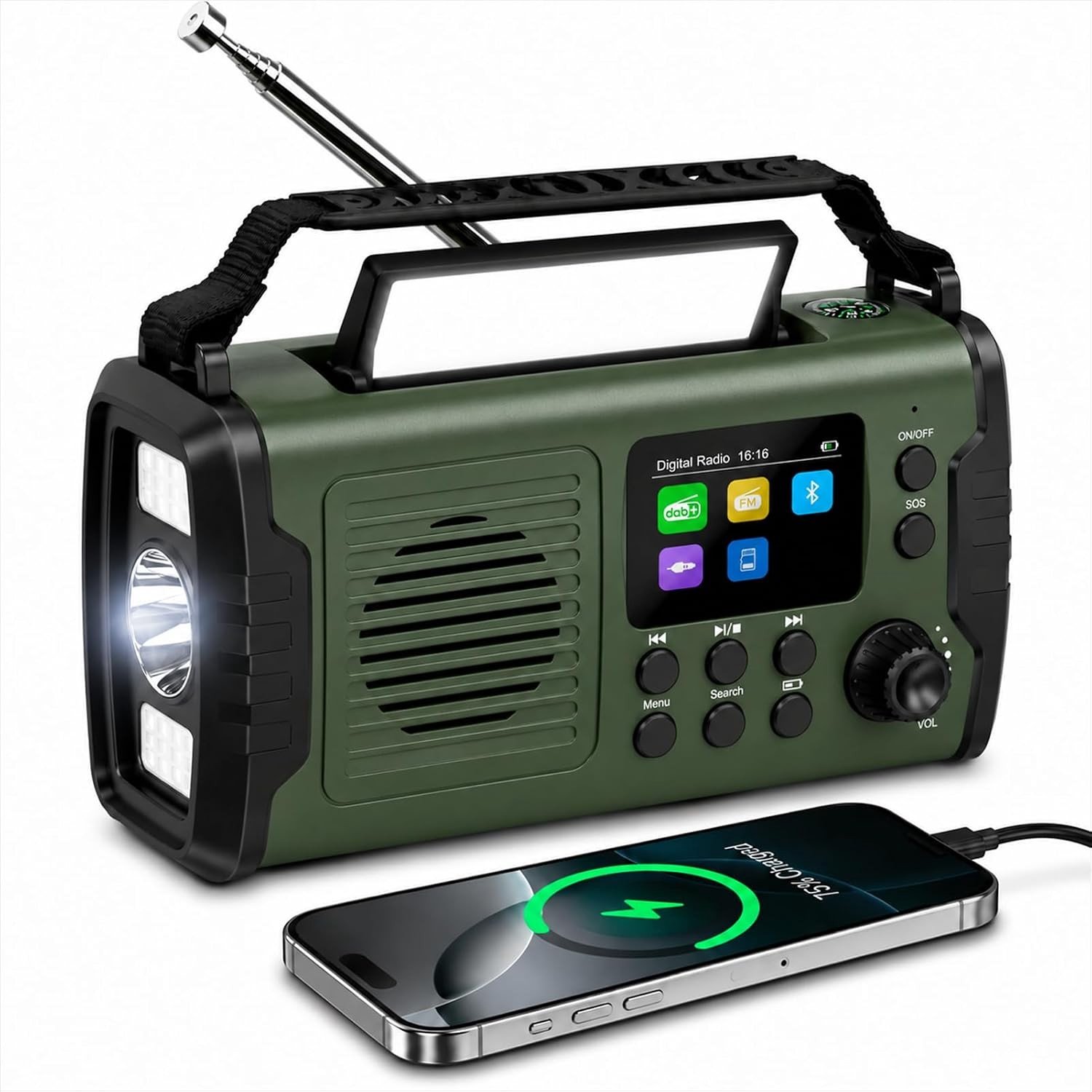 Noodradio - Militaire Groen - Powerbank met Zonnepaneel en Handslinger - Voor Kamperen en Outdoor Gebruik