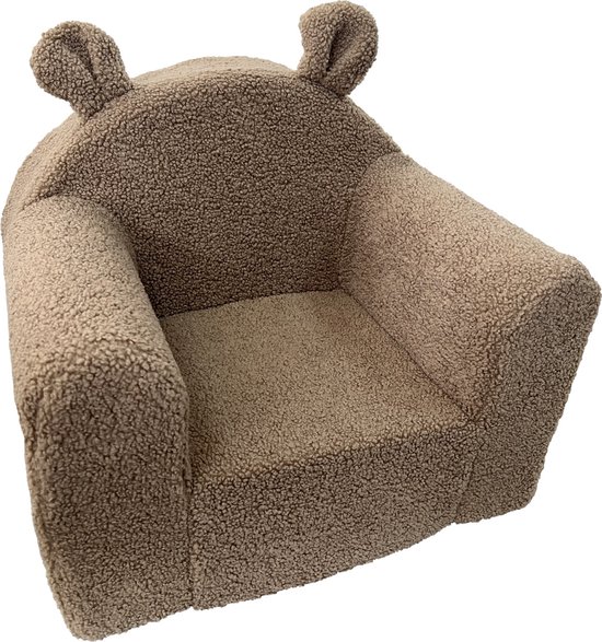 Kinderfauteuil in taupekleurige teddystof met berenoren, op een witte achtergrond.