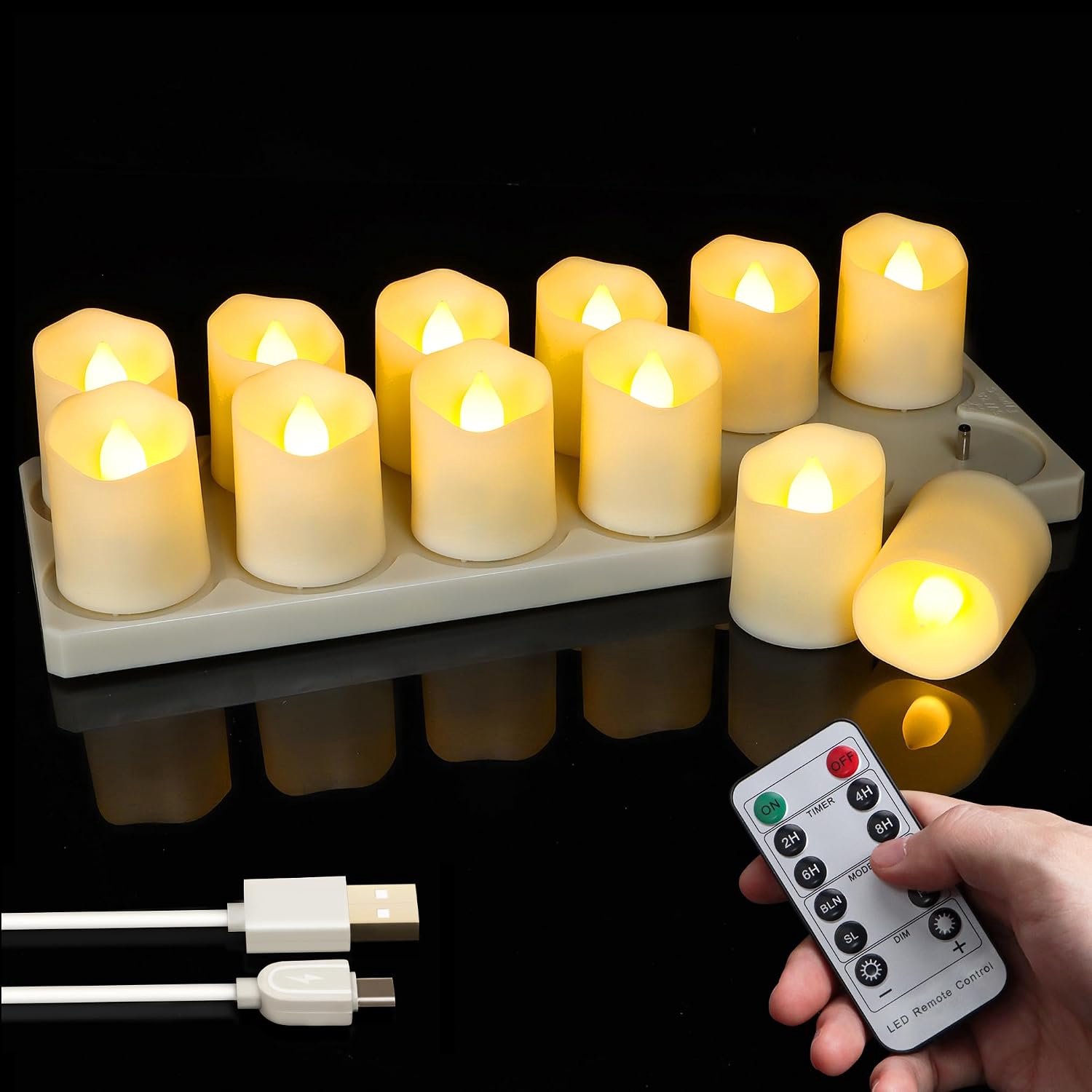 QEVA Theelichtjes Oplaadbaar - LED Theelichtjes - Oplaadbare Kaarsen - Warm Wit - 40cm x 40cm x 45cm