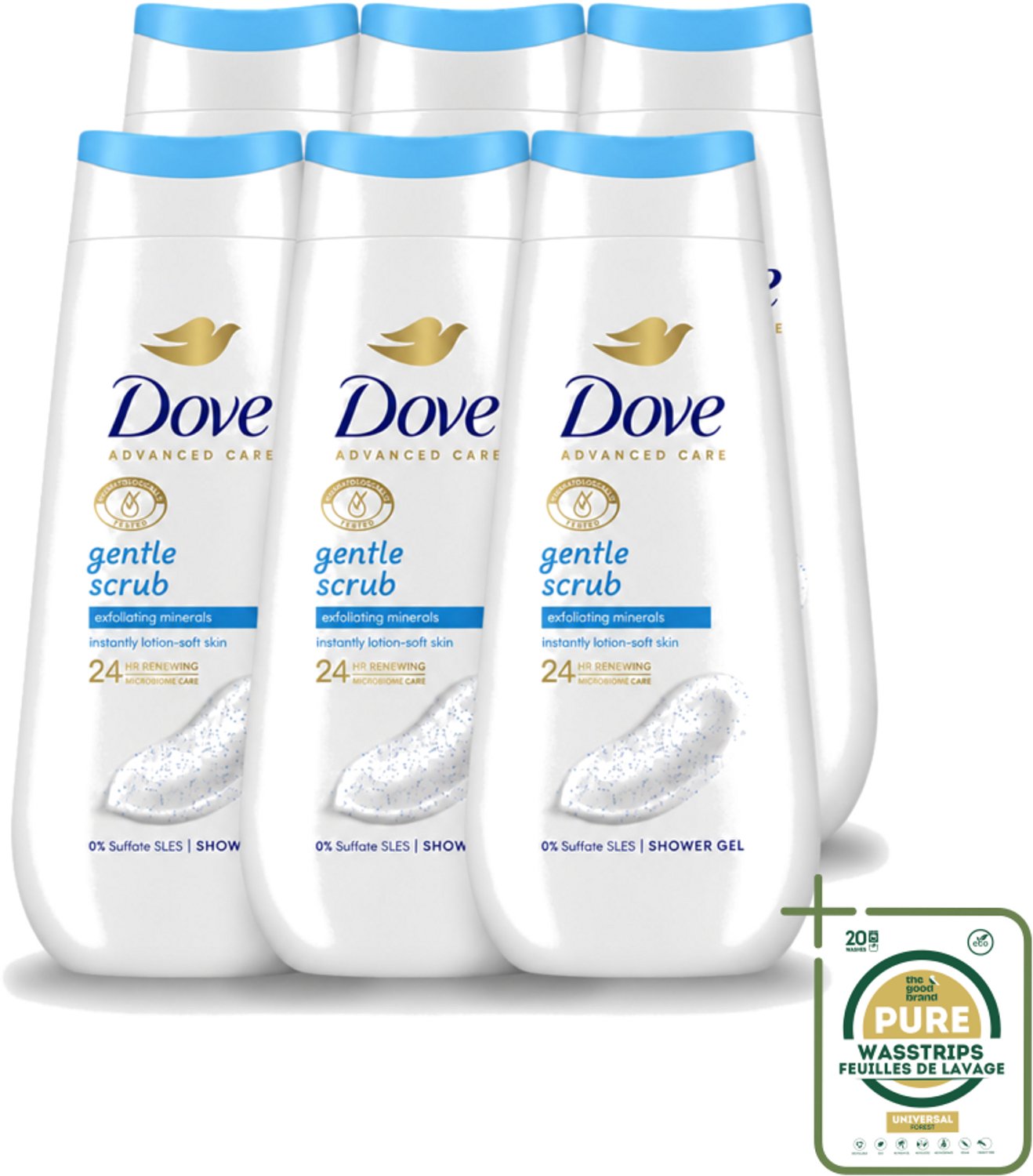 6 x Dove – Douchegel – Advanced Care Gentle Scrub – 225 ml - Wasstrips - Douchegel - Exfoliatie - Huidverzorging - Zachte Douchegel - Schuim