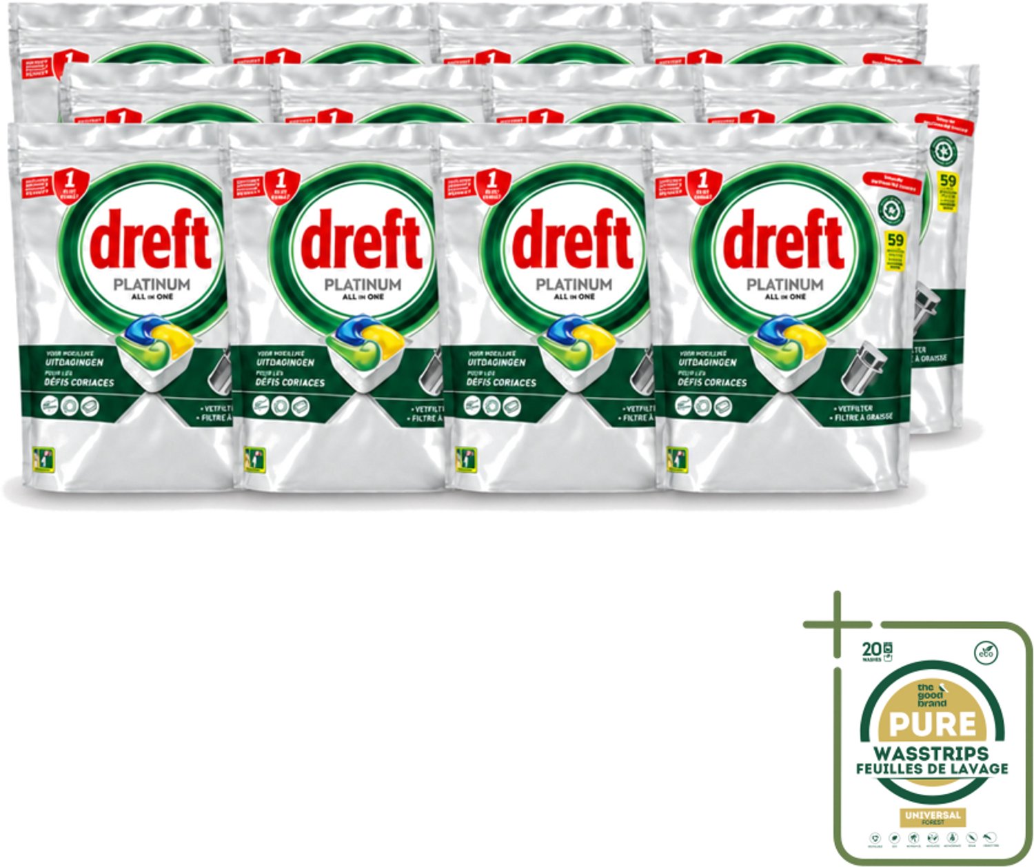 12 x Dreft – Vaatwastabletten – All-in-One Platinum – Lemon – 59 Tabletten - Vaatwastabletten - Vaatwasser - Vetverwijderen - Glasbescherming - Citroengeur