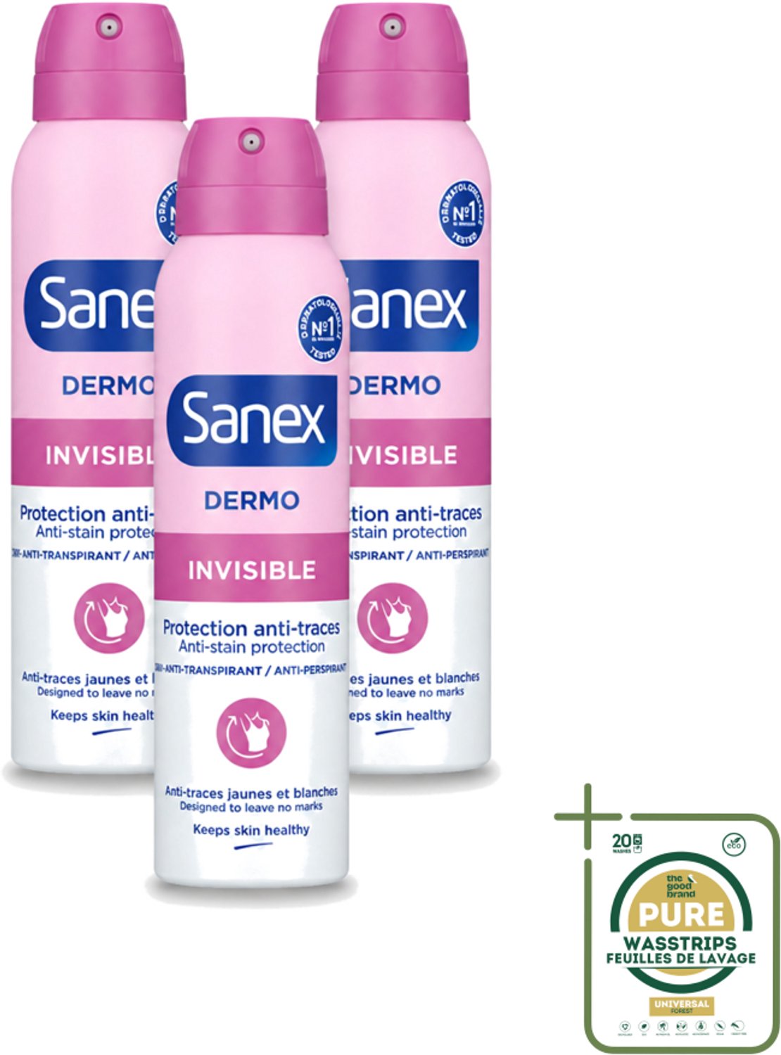 3 x Sanex – Deodorant Spray – Dermo Invisible – 150 ml - Wasstrips - Onzezichtbare Deodorant - Deodorant Spray - Transpiratieregulatie - Huidbescherming - Strepenvoorkomend