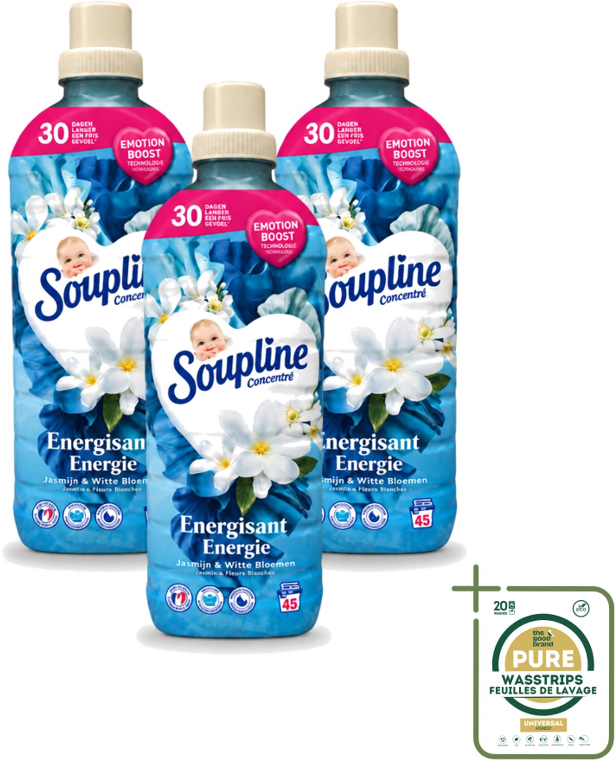 3 x Soupline – Wasverzachter – Energie Jasmijn & Witte Bloemen – 950 ml - Wasstrips - Wasverzachter - Jasmijn - Witte Bloemen - Fris - Energie