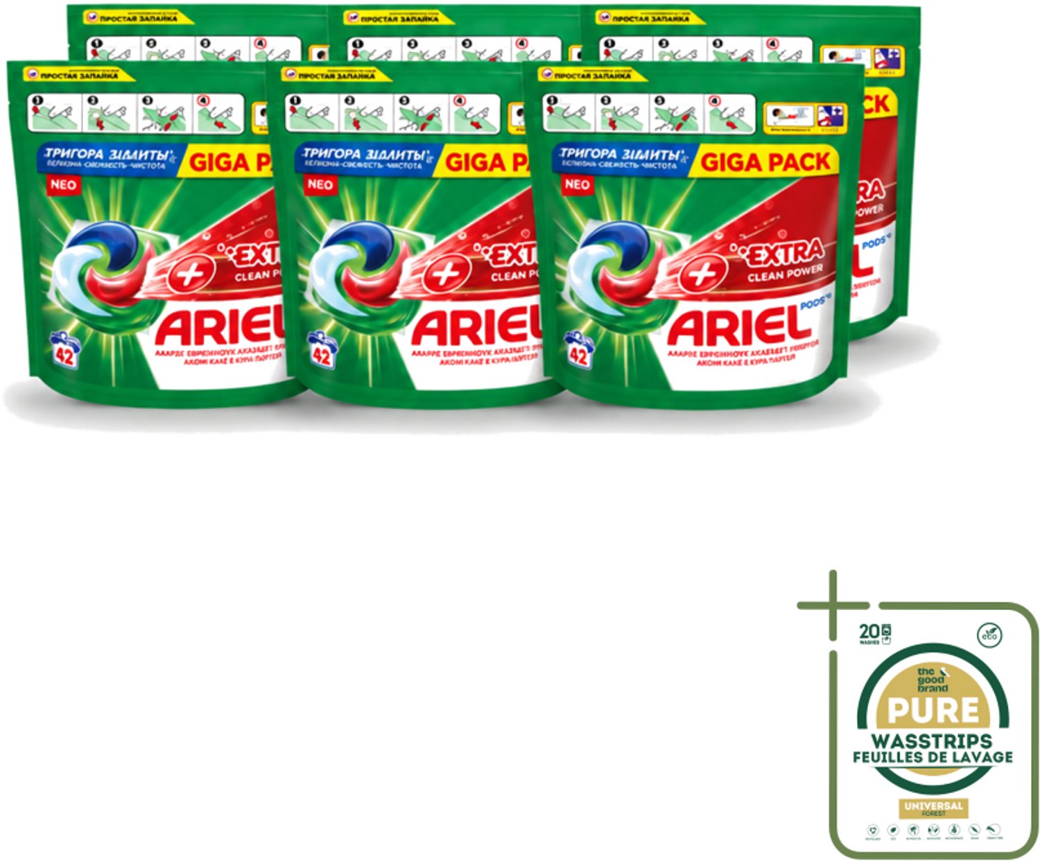 6 x Ariel – Pods – Clean Power Extra Schoon – 42 wasbeurten - Wasstrips - Ariel Clean Power Pods - Extra Schoon Pods - Krachtige Vlekverwijdering - 42 Wasbeurten - Power Segment