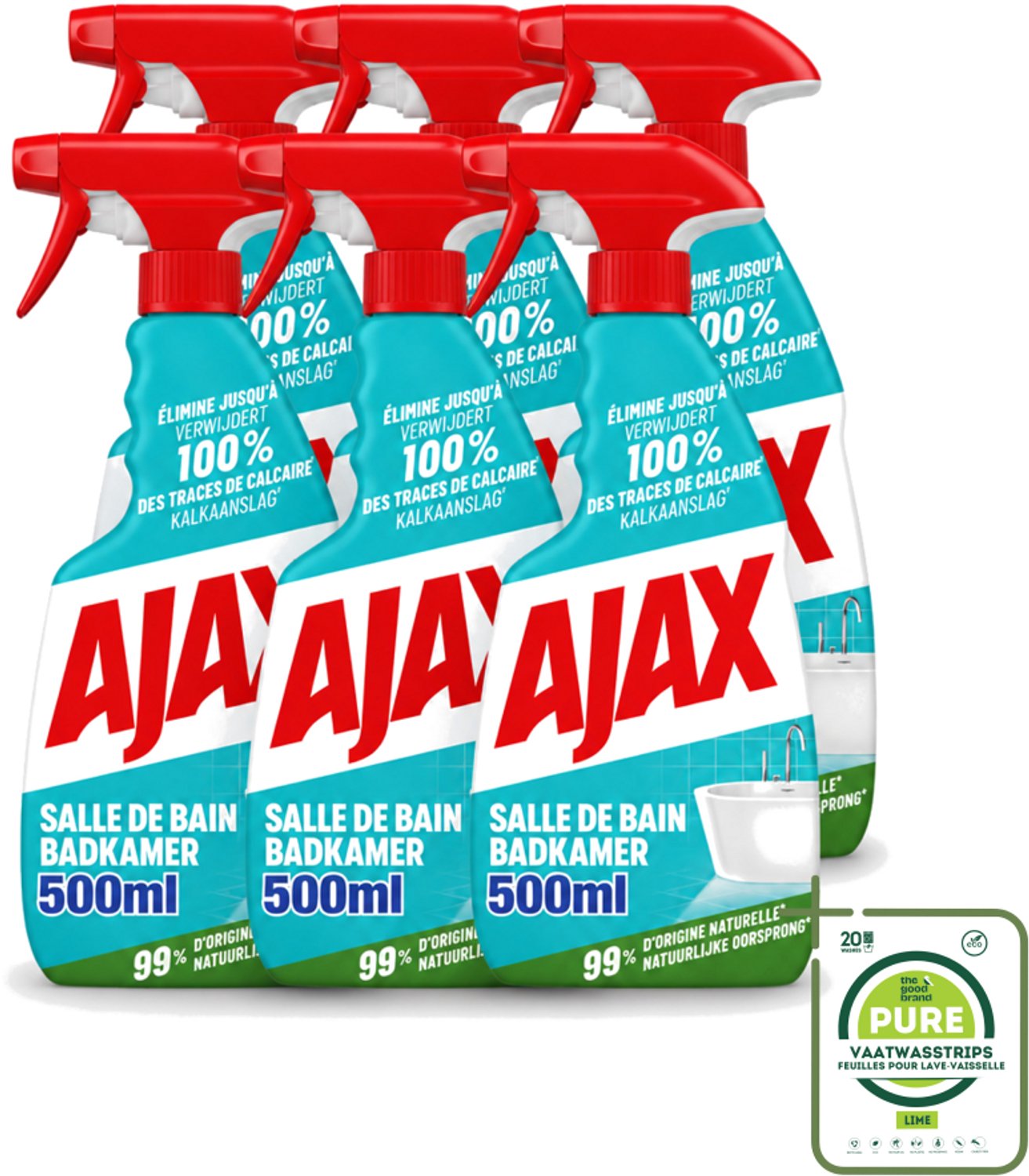 6 x Ajax – Badkamer Spray – 500 ml - Grootverpakking - Vaatwasstrips - Badkamer Reinigen - Kalk Verwijderen - Zeepresten Verwijderen - Badkamer Schoonmaken - Anti-kalk Spray