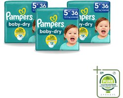 3 x Pampers – Luiers – Baby-Dry Maat 5+ (12-17 kg) – 36 Luiers - Grootverpakking - Vaatwasstrips - Baby-luiers - Droge Huid - Droge Luiers - Baby Droogheid - Droge Luier