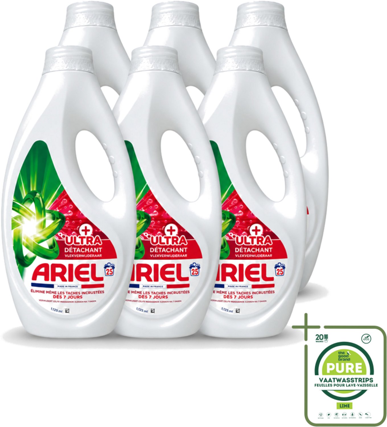 6 x Ariel – Vloeibaar Wasmiddel – Ultra Vlekverwijderaar – 1125 ml – 25 wasbeurten - Grootverpakking - Vaatwasstrips - Vlekverwijderaar - Wasmiddel - Vloeibaar Wasmiddel - Krachtige Vlekverwijdering - Ingedroogde Vlekken