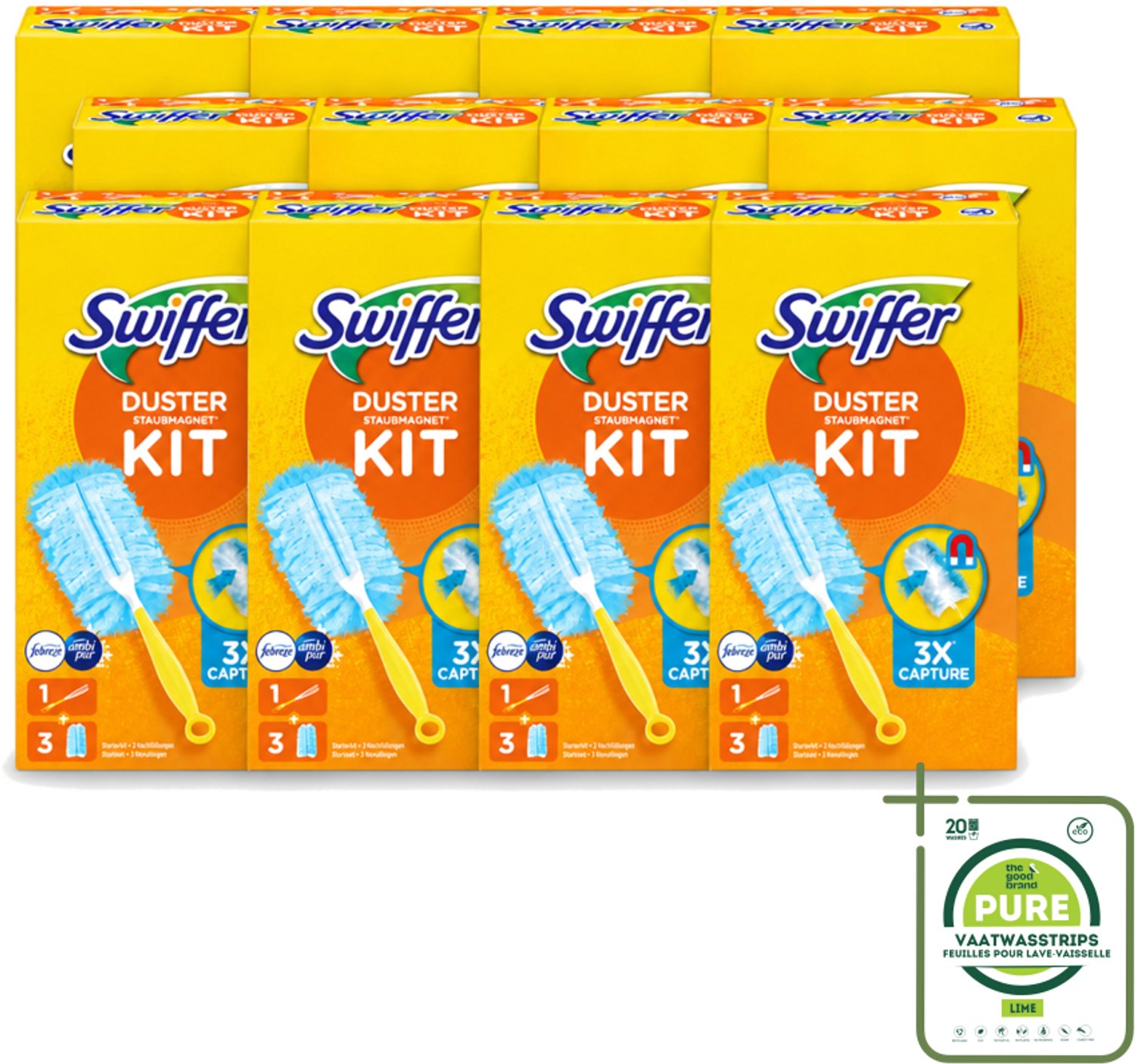 12 x Swiffer – Starterkit + 3 Navullingen – Met Febreze - Grootverpakking - Vaatwasstrips - Stofvrij Maken - Stof Opvangen - Stofdoek - Stof Opvangen - Stof Opvangen