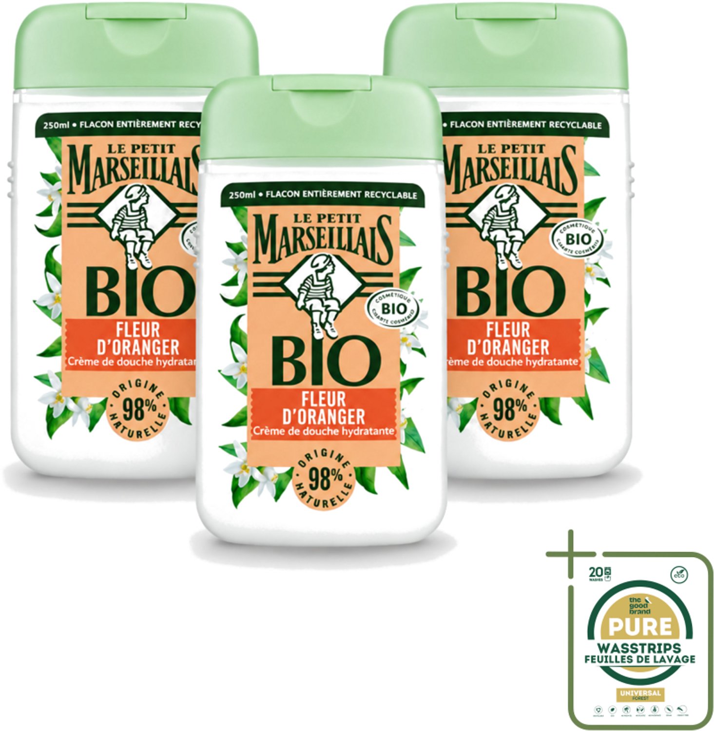 3 x Le Petit Marseillais – Douchegel – Fleur d’Oranger – 250 ml - Wasstrips - Douchegel Oranje Bloesem - Oranje Bloesem Geur - Natuurlijke Douchegel - Zachte Reiniging - Huid Verzorging