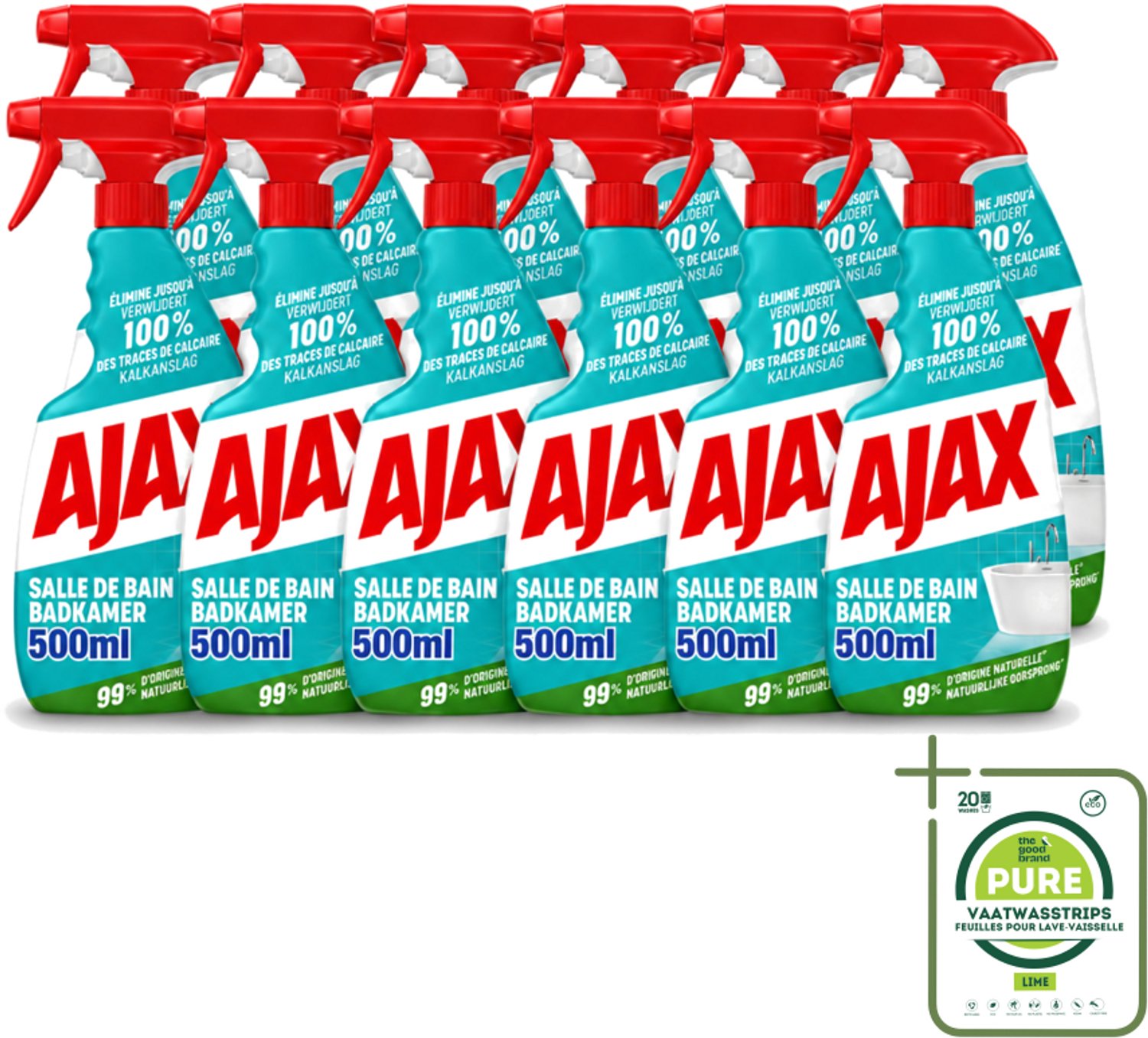 12 x Ajax – Badkamer Spray – 500 ml - Grootverpakking - Vaatwasstrips - Badkamer Reinigen - Kalk Verwijderen - Zeepresten Verwijderen - Badkamer Schoonmaken - Anti-kalk Spray
