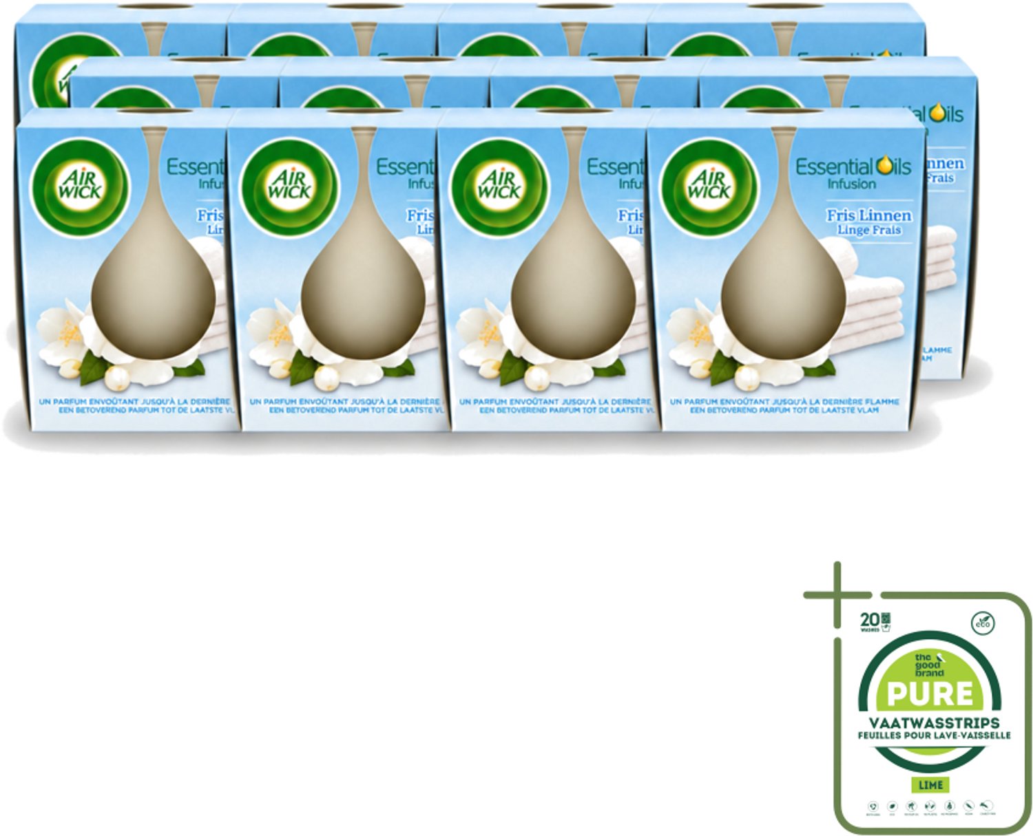 Air Wick 12 x Air Wick – Geurkaars – Fris Linnen met Essentiële Oliën – 105 g - Grootverpakking - Vaatwasstrips - Geurkaars - Fris Linnen - Essentiële Oliën - Sfeer In Huis - Warme Sfeer Wit