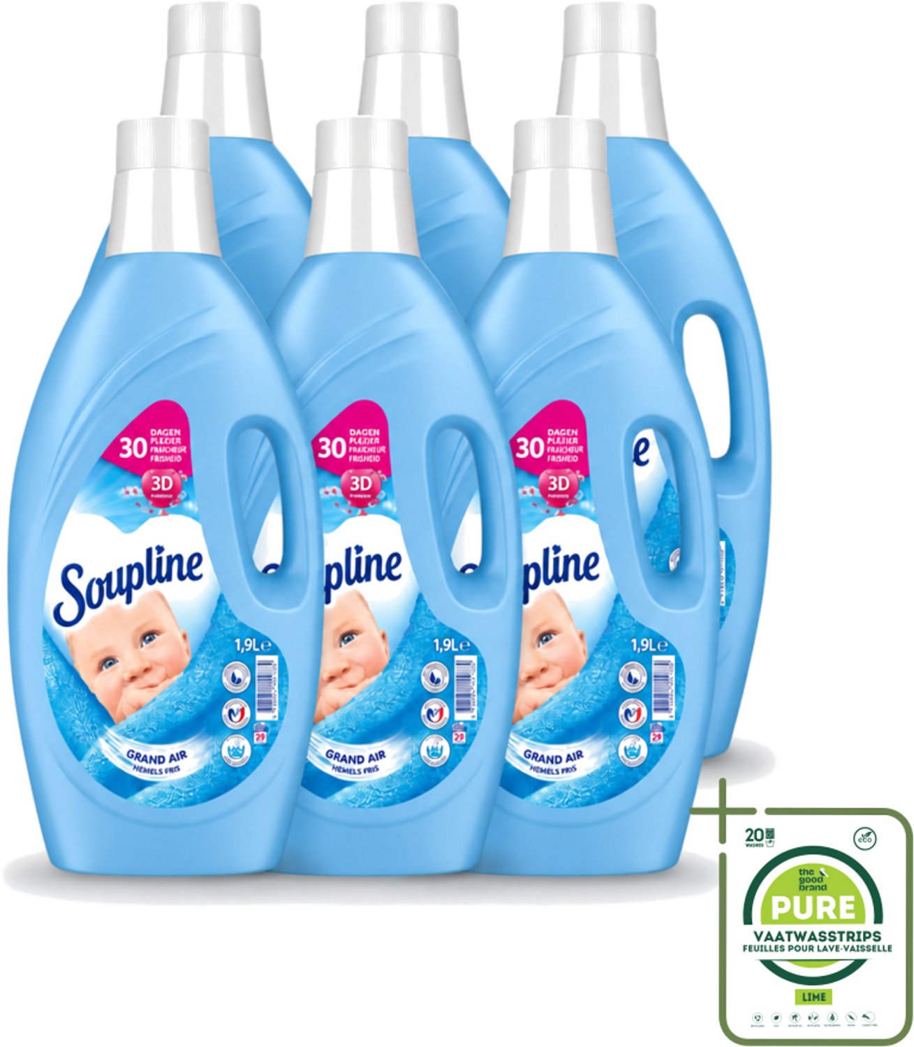 6 x Soupline – Wasverzachter – Hemels Fris – 1,9 L - Grootverpakking - Vaatwasstrips - Wasverzachter - Wasgoed - Fris - Zijdezacht - Wasbeurten