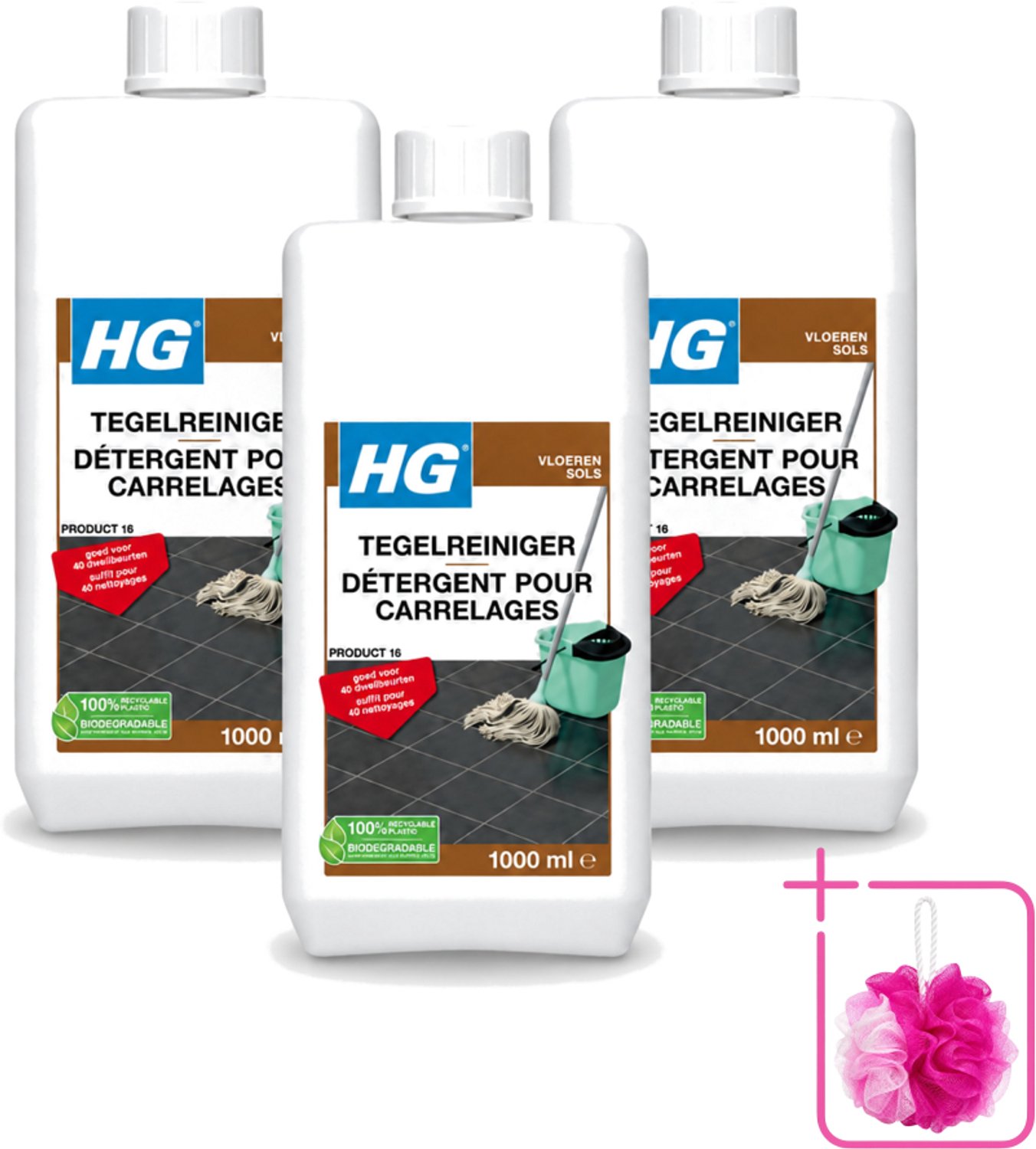 3 x HG - Vloeren - Tegelreiniger - 40 Dweilbeurten - 1L - Bulkverpakking - Tegelreiniger - Douchemop - Vloerreiniger