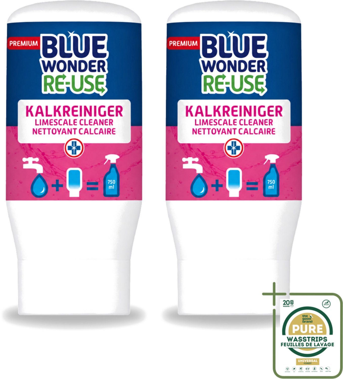 2 x Blue Wonder - Premium Re-use Kalkreiniger - 50 ml - Kalkreiniger - Badkamer Reinigen - Kalk Verwijderen - Vet Verwijderen - Vuil Verwijderen