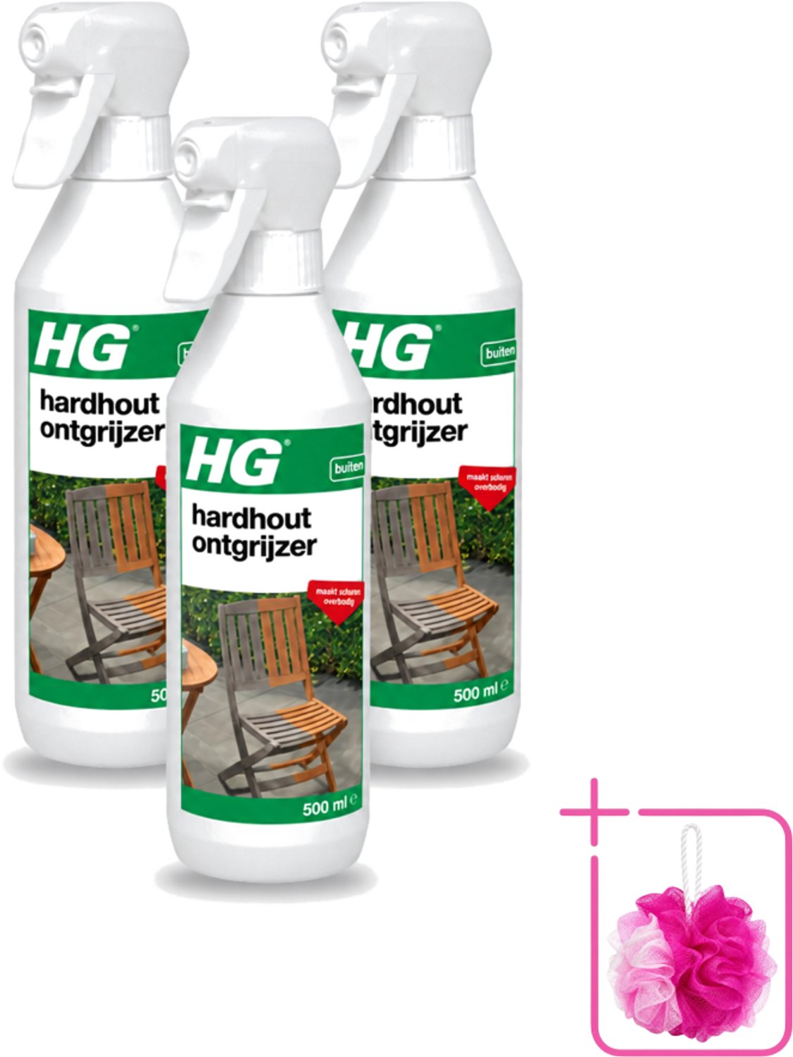 3 x HG - Buiten - Hardhout Ontgrijzer - Maakt Schuren Overbodig - 500 ml - Bulkverpakking - Hardhout ontgrijzen - Douchemop - Tuinmeubel reinigen