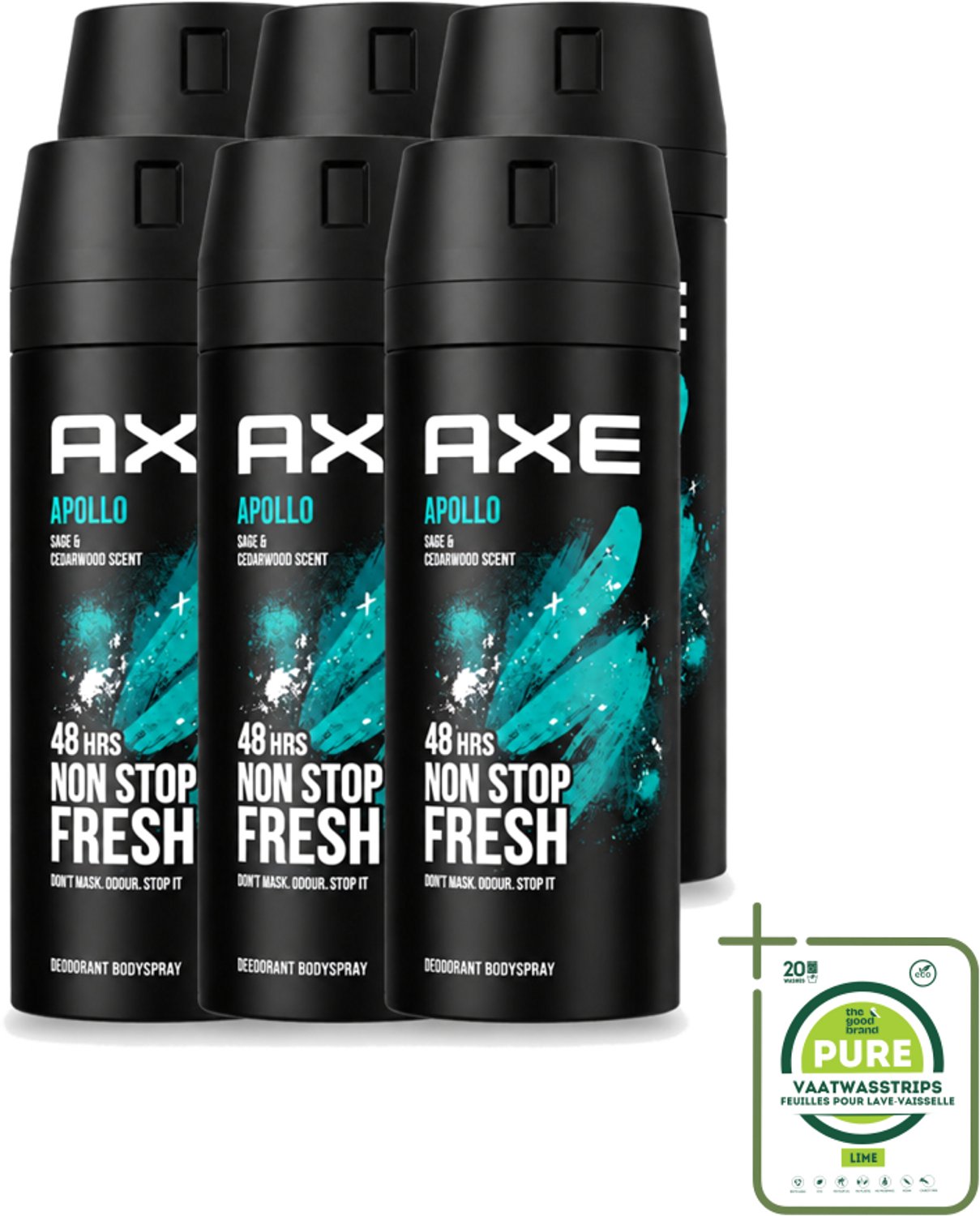6 x Axe - Deodorant Bodyspray - 48hrs Fresh - Apollo - Sage & Cedarwoord - 150 ml - Grootverpakking - Vaatwasstrips - 48 Uur Bescherming - Deodorant Sprayer - Geur Van Groen Fruit - Sandelhout - Verse Salie