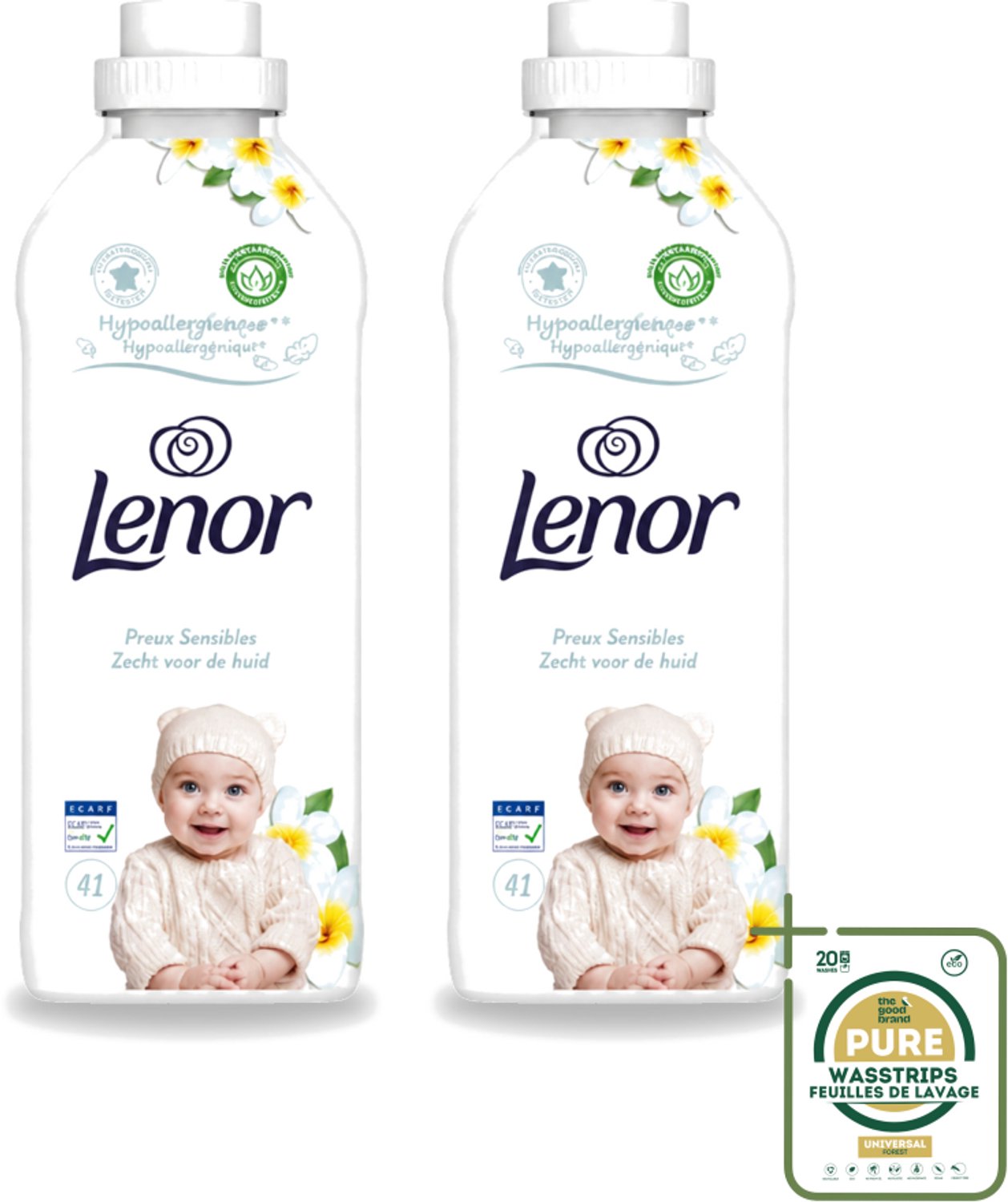2 x Lenor - Wasverzachter - Gevoelig - Milde Geur - 41 Wasbeurten - Wasstrips - Wasverzachter - Gevoelige Huid - Hypoallergenisch - Frisheid - Zachtheid