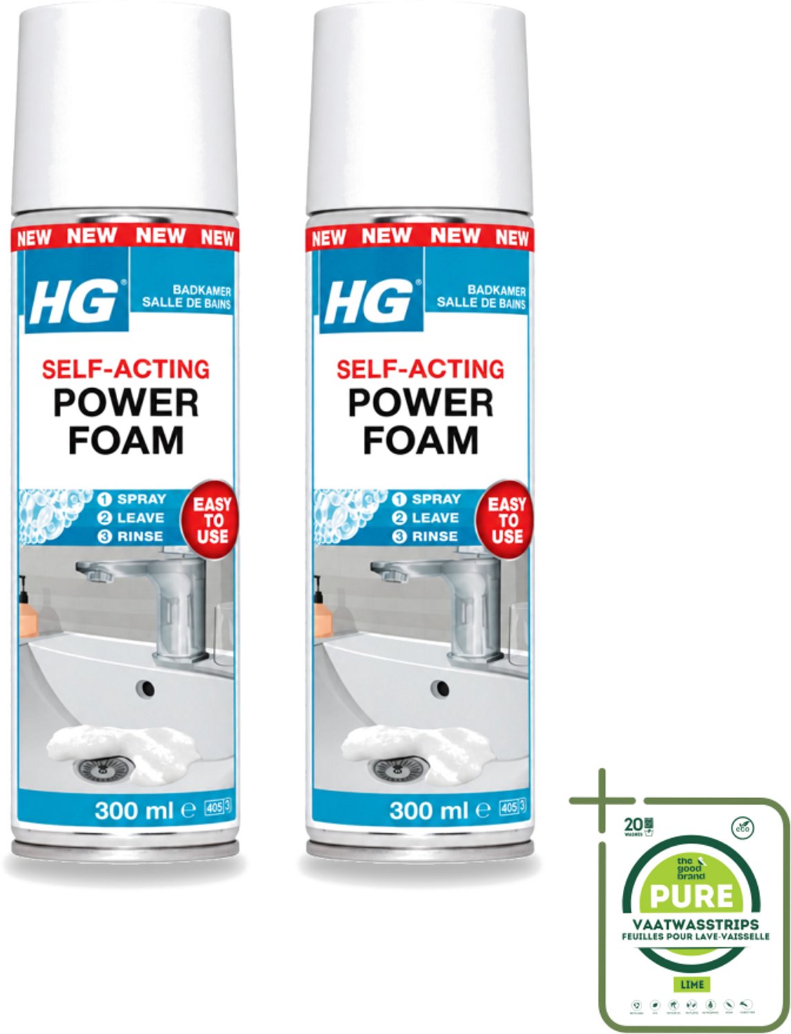 2 x HG - Badkamer - Badkamerreiniger - Power Foam Badkamer - Zelf-Activerend - 300 ml - Grootverpakking - Vaatwasstrips - Badkamerreiniger - Schuimreiniger - Kalkaanslag - Zeepresten - Tegelreiniger