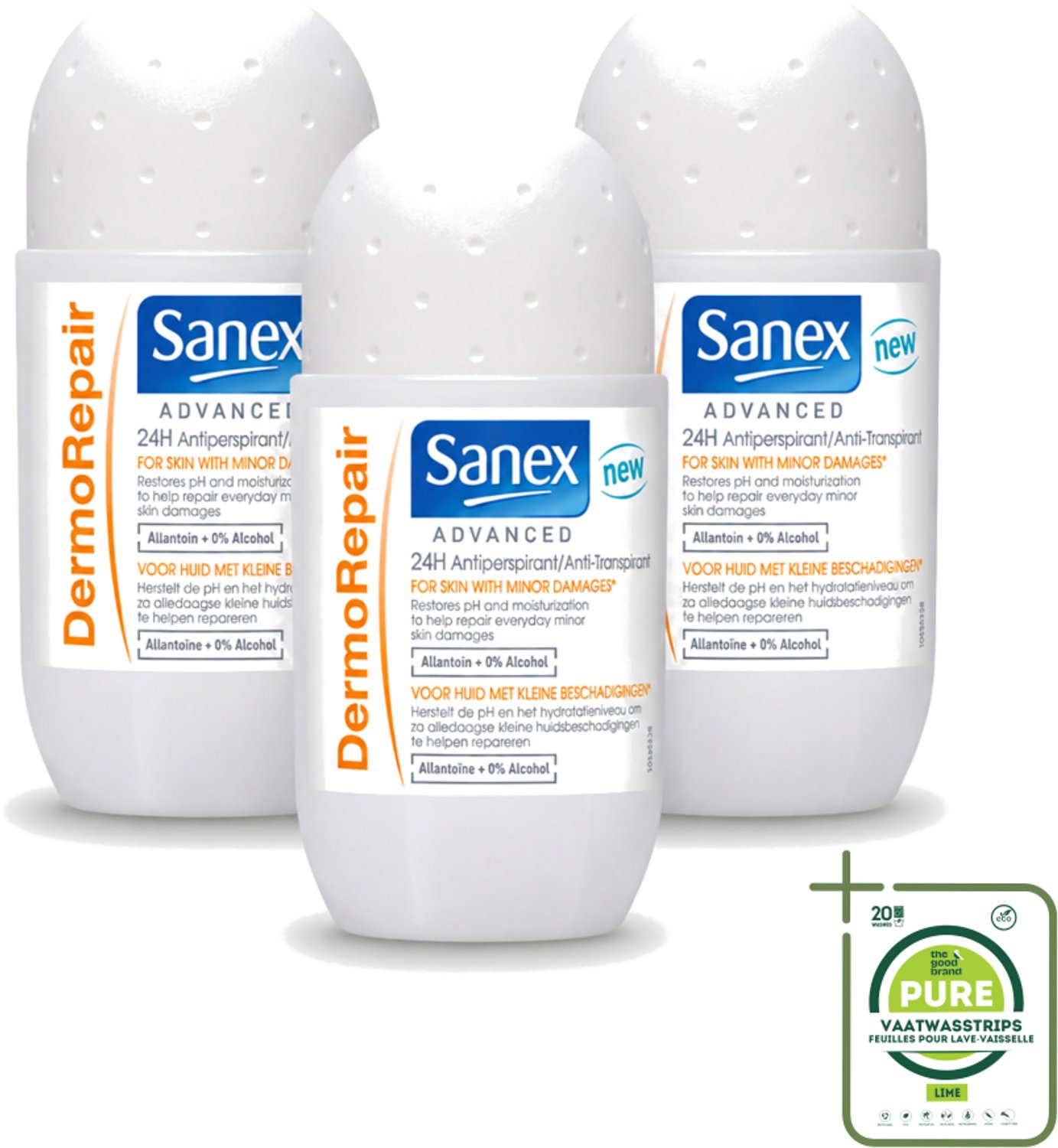 3 x Sanex Advanced - Dermo Repair - Deodorant Roller - 24h Anti-Transpirant - 0% Alcohol - 50 ml - Grootverpakking - Vaatwasstrips - 24h Anti-transpirant - Huidherstel - Huidverzorging - Deodorant Roller - Anti-geur