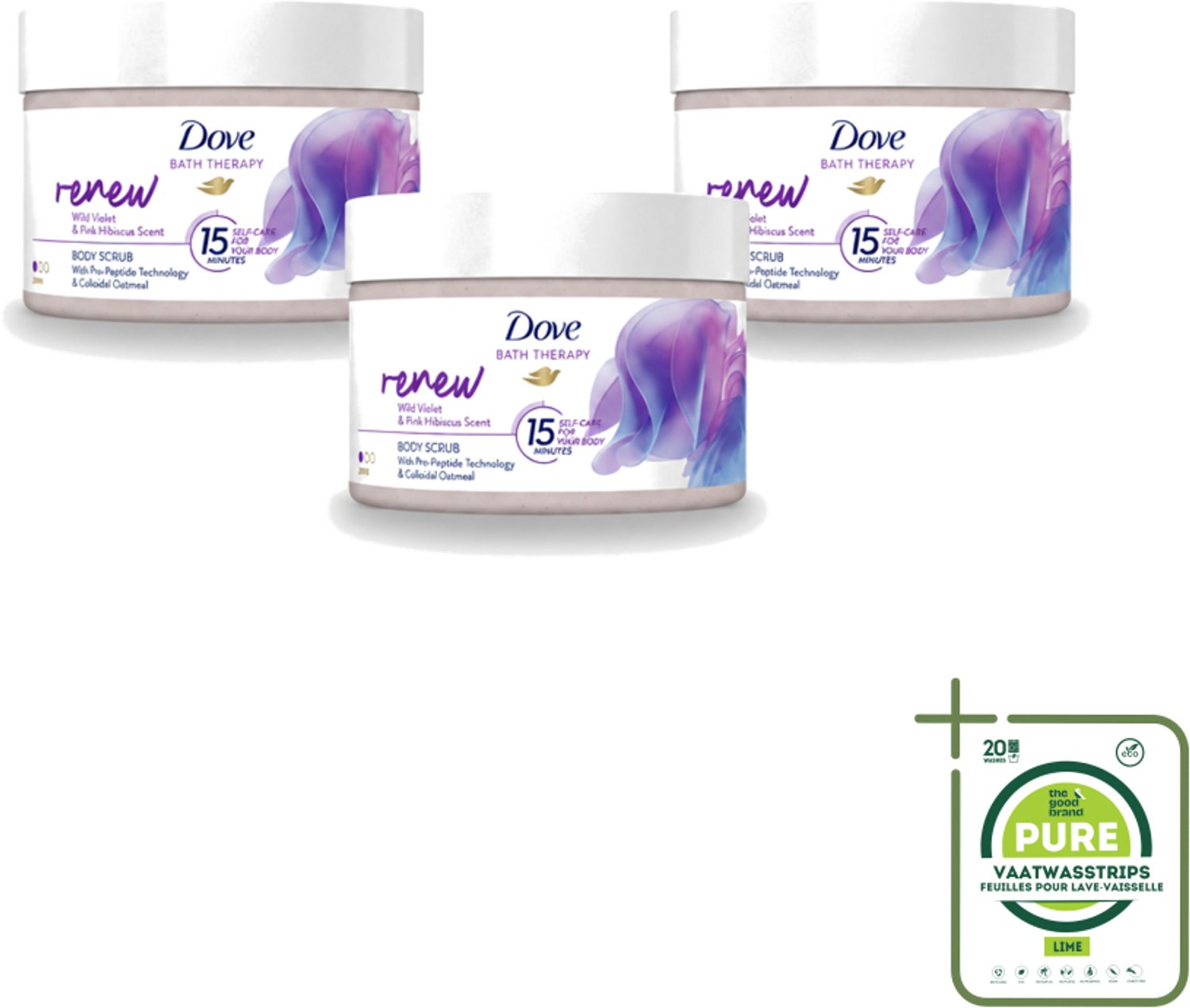 3 x Dove Bath Therapy Renew - Bodyscrub - Wilde Viooltjes & Roze Hibiscus - 295 ml - Grootverpakking - Vaatwasstrips - Huidvernieuwing - Huidscrub - Exfoliatie - Zachte Huid - Huidverzorging