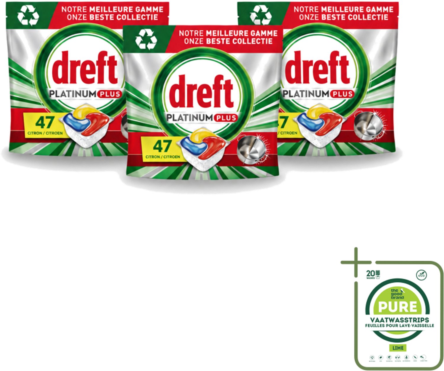 3 x Dreft Platinum Plus - All In One - Vaatwascapsules - Anti-Matt Technologie - Citroen - 47 Afwasbeurten - Grootverpakking - Vaatwasmiddel - Vaatwascapsule - Vaatwasmiddel Capsule - Vaatwasmiddel 71 Wasbeurten - Vaatwasmiddel Met Spoelglans