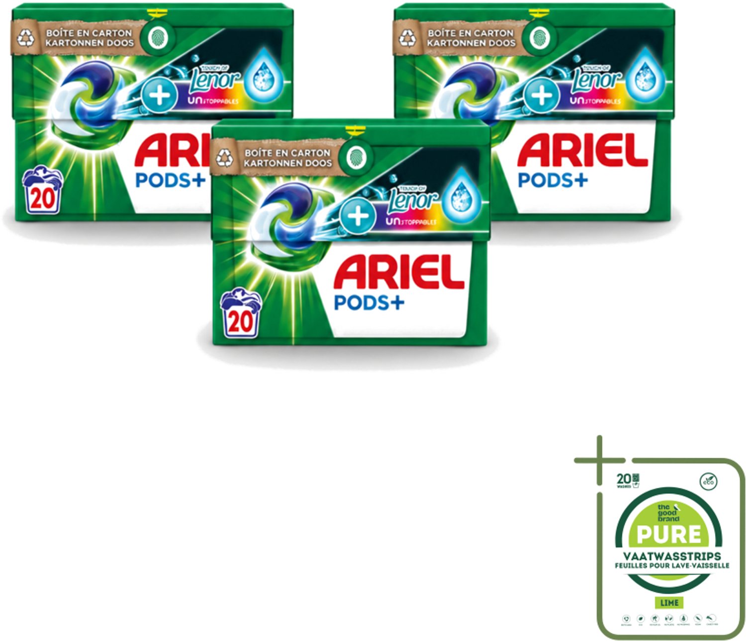 3 x Ariel Original - Touch of Lenor Unstoppables - Wasmiddelcapsules - Pods+ - Gekleurde Was - 20 Wasbeurten - Grootverpakking - Vaatwasstrips - Wasmiddel Capsules - Gekleurde Was - Frisse Geur - Koud Water Was - Vlekverwijdering
