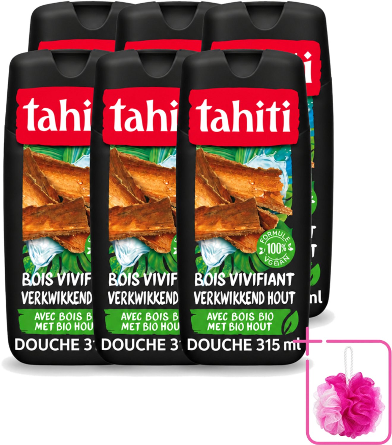 6 x Tahiti – Douchegel – Tropenhout Vegan - 315 ml - Bulkverpakking - Douchegel tropisch hout - Douchemop - Vegan douchegel