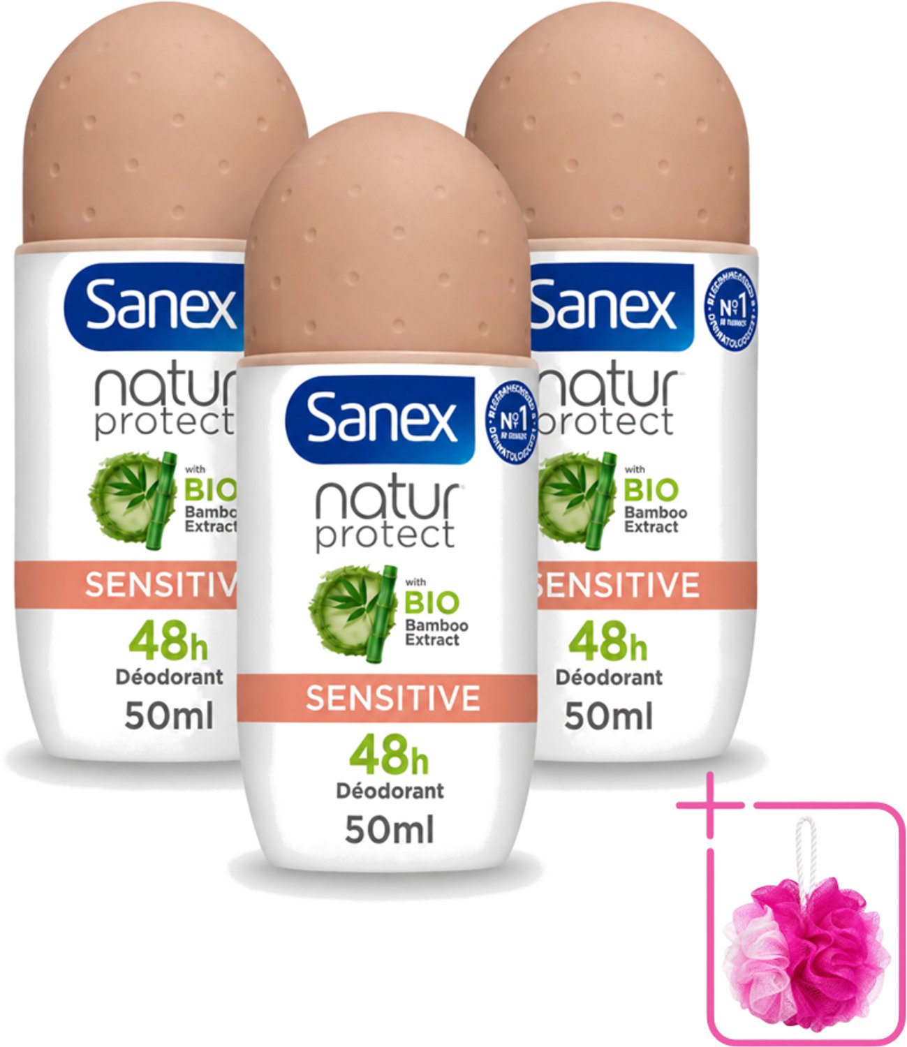 3 x Sanex – Deodorant Roll-On – Natur Protect Sensitive – 50 ml - Bulkverpakking - Gevoelige huid - Douchemop - Deodorant roll-on