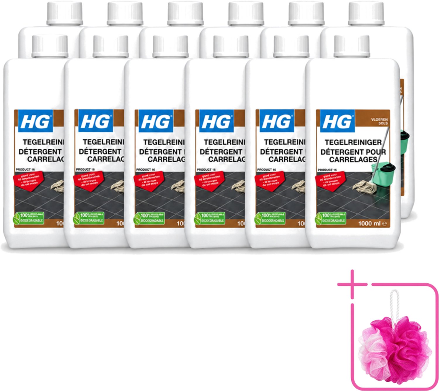 12 x HG - Vloeren - Tegelreiniger - 40 Dweilbeurten - 1L - Bulkverpakking - Tegelreiniger - Douchemop - Vloerreiniger