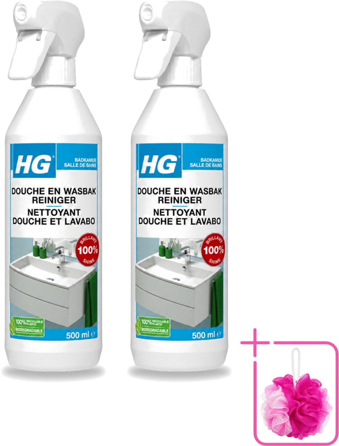 2 x HG - Badkamer - Douche-& Wasbakreiniger - Spray - Extra Glans - 500 ml - Bulkverpakking - Badkamer reinigen - Douchemop - Douche reinigen