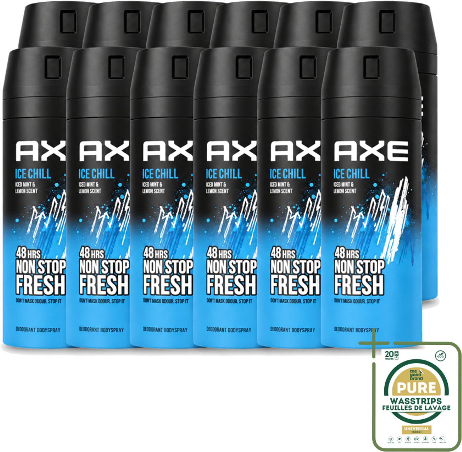 12 x Axe - Deodorant Bodyspray - 48hrs Fresh - Ice Chill - Iced Mint & Lemon - 150 ml - Wasstrips - 48 Uur Bescherming - Lichaamsgeur - Deodorant - Frisheid - Bevroren Munt