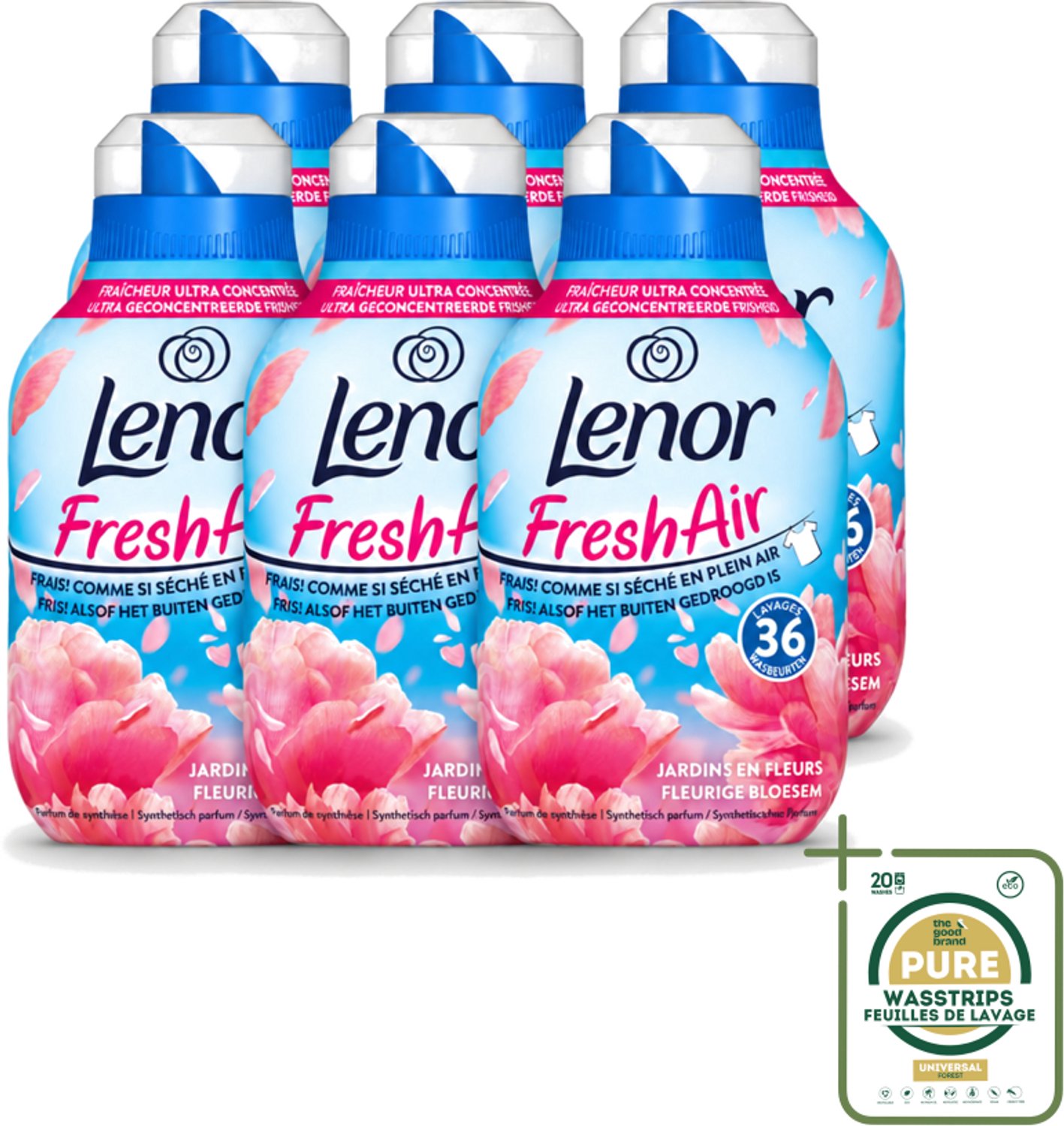 6 x Lenor - Wasverzachter - Fresh Air - Fleurige Bloesem - 36 Wasbeurten - Wasstrips - Wasverzachter - Frisheid - Buiten Gedroogd Was - Bloemige Geur - Wasgoed