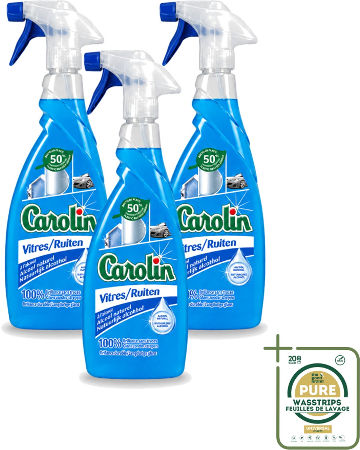 3 x Carolin - Glas- en Ruitenreiniger - Met Natuurlijke Alcohol - 650 ml - Wasstrips - Glas Reiniger - Ruiten Reiniger - Natuurlijke Alcohol - Schone Ramen - Streeploze Glans