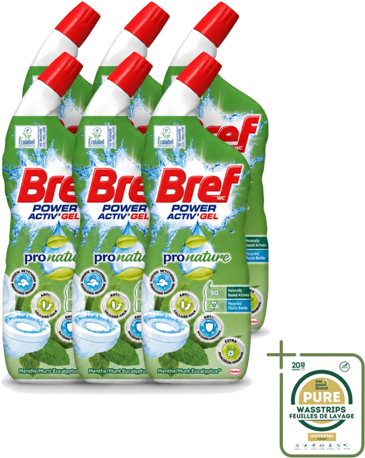 6 x Bref WC - Power Activ+ - Toiletreiniger - Gel - Eucalyptus - 700 ml - Wasstrips - Toiletreiniging - Eucalyptus - Natuurlijke Reiniging - Duurzame Toiletreiniger - Milieuvriendelijk