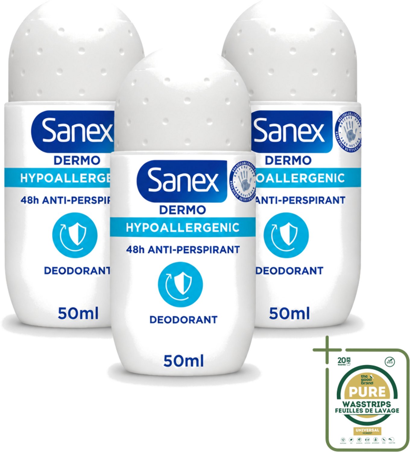 3 x Sanex Dermo - Deodorant Roller - Hypoallergeen - 48h Anti-Transpirant - 50 ml - Wasstrips - Deodorant Roller - Hypoallergeen Deodorant - 48h Bescherming - Transpiratie Bescherming - Lichaamsgeur Bestrijding