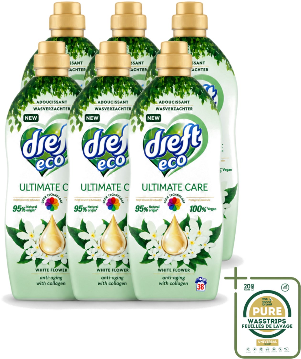 6 x Dreft ECO - Wasverzachter - Gekleurde Was - Witte Bloem - Anti-Veroudering - 38 Wasbeurten - Wasstrips - Wasverzachter - Anti-aging - Kleurbescherming - Collageen - Wasgoed Verzorgen