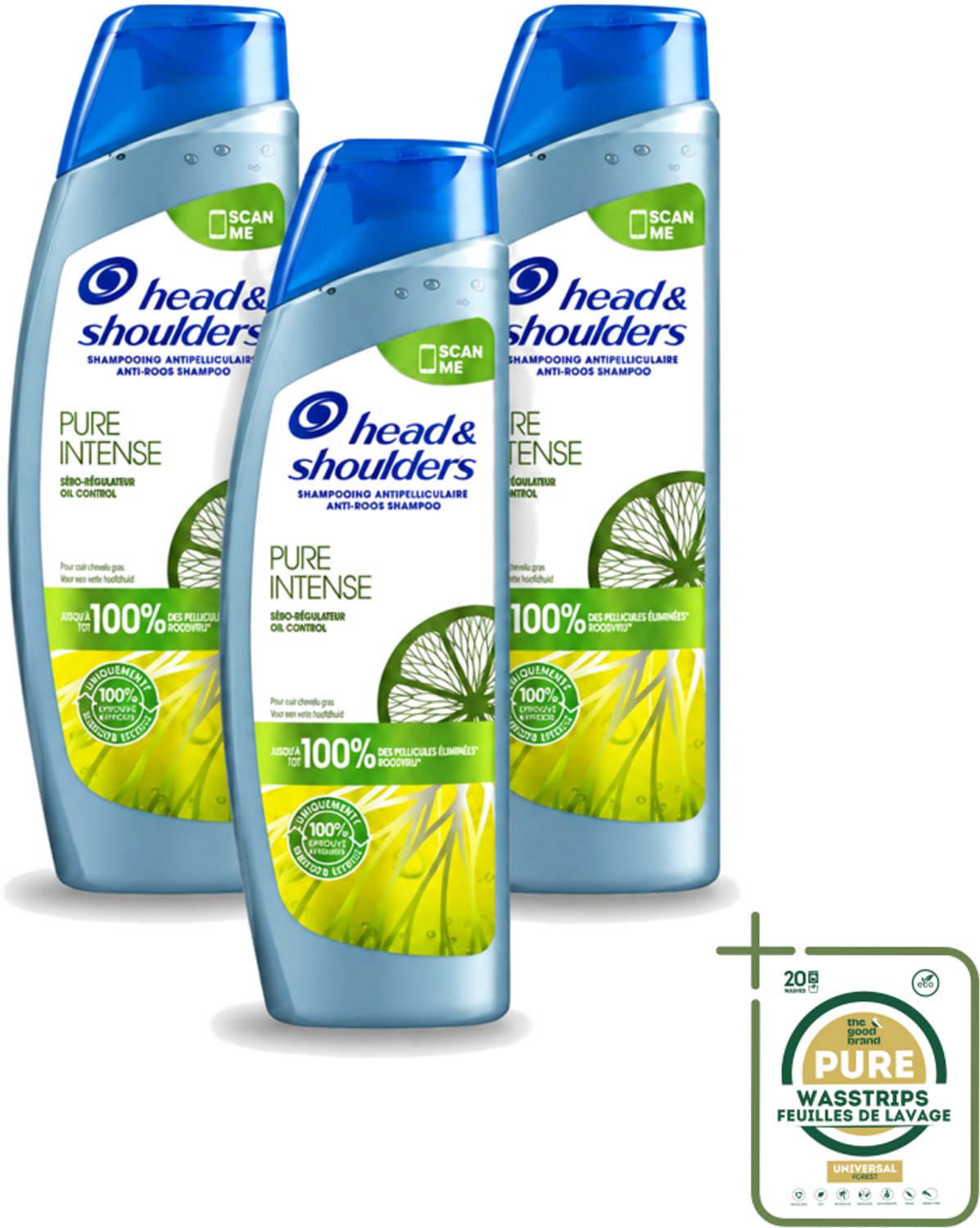 3 x Head & Shoulders - Anti-Roos Shampoo - Pure Intense - Oil Control - 250 ml - Wasstrips - Roosvrij Haar - Oliecontrole - Schone Hoofdhuid - Vet Haar - Anti-roos Shampoo